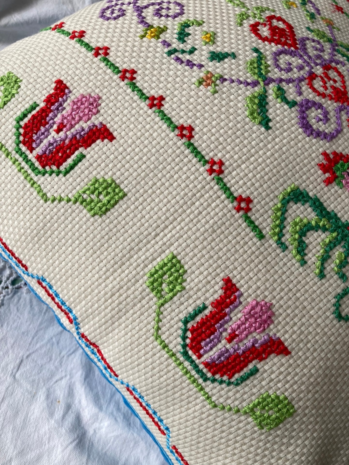 Nordic Vintage Colorful Embroidered Rooster & Flower Cushion Cover (43x40cm)