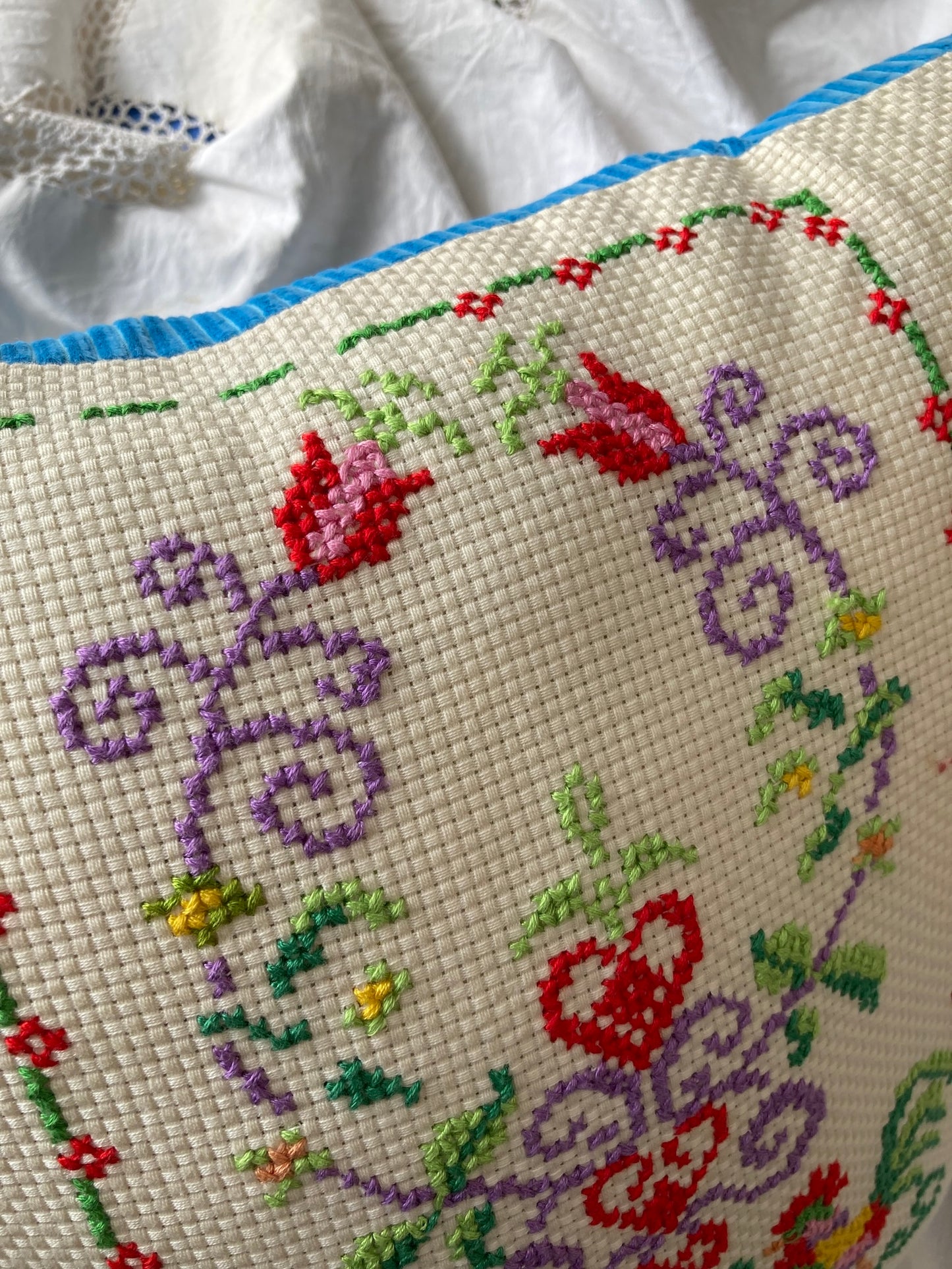 Nordic Vintage Colorful Embroidered Rooster & Flower Cushion Cover (43x40cm)