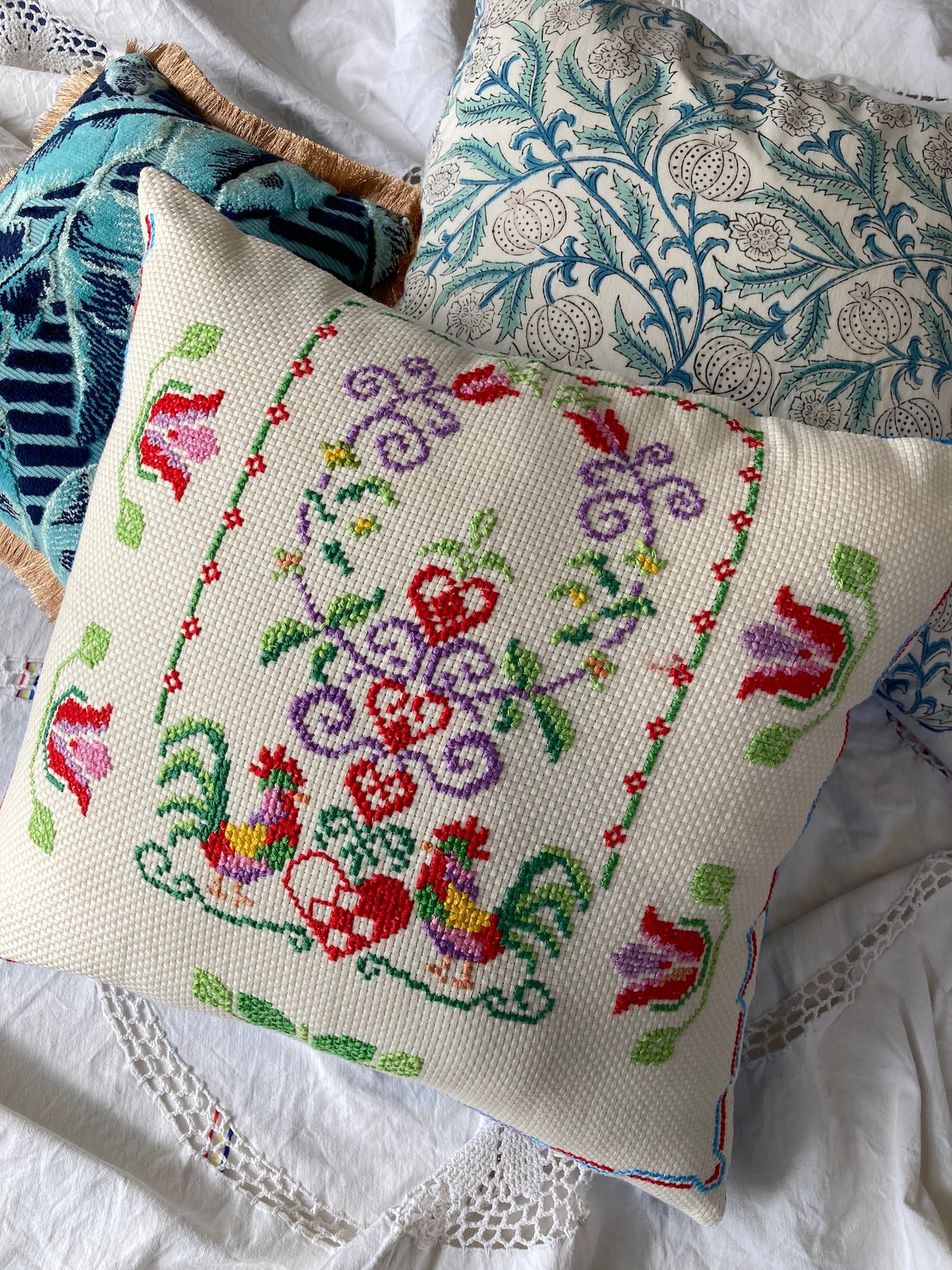 Nordic Vintage Colorful Embroidered Rooster & Flower Cushion Cover (43x40cm)