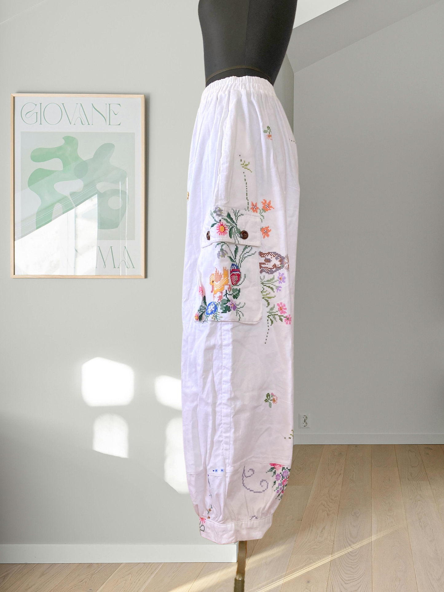 Upcycled Pants Made from Colorful Vintage Embroidered Cotton Fabric