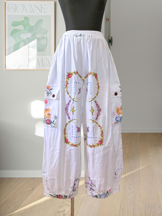 Upcycled Pants Made from Colorful Vintage Embroidered Cotton Fabric
