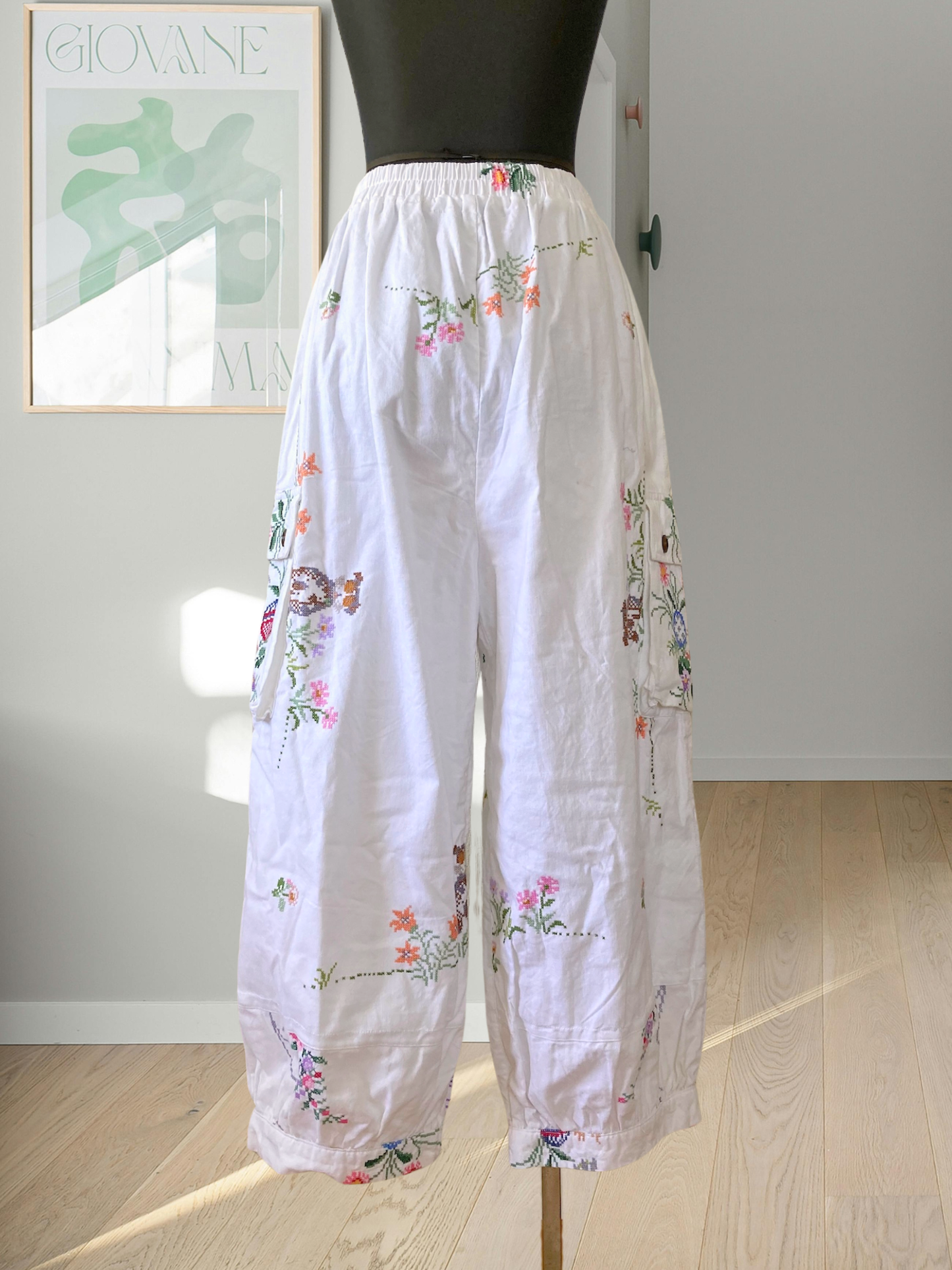Upcycled Pants Made from Colorful Vintage Embroidered Cotton Fabric