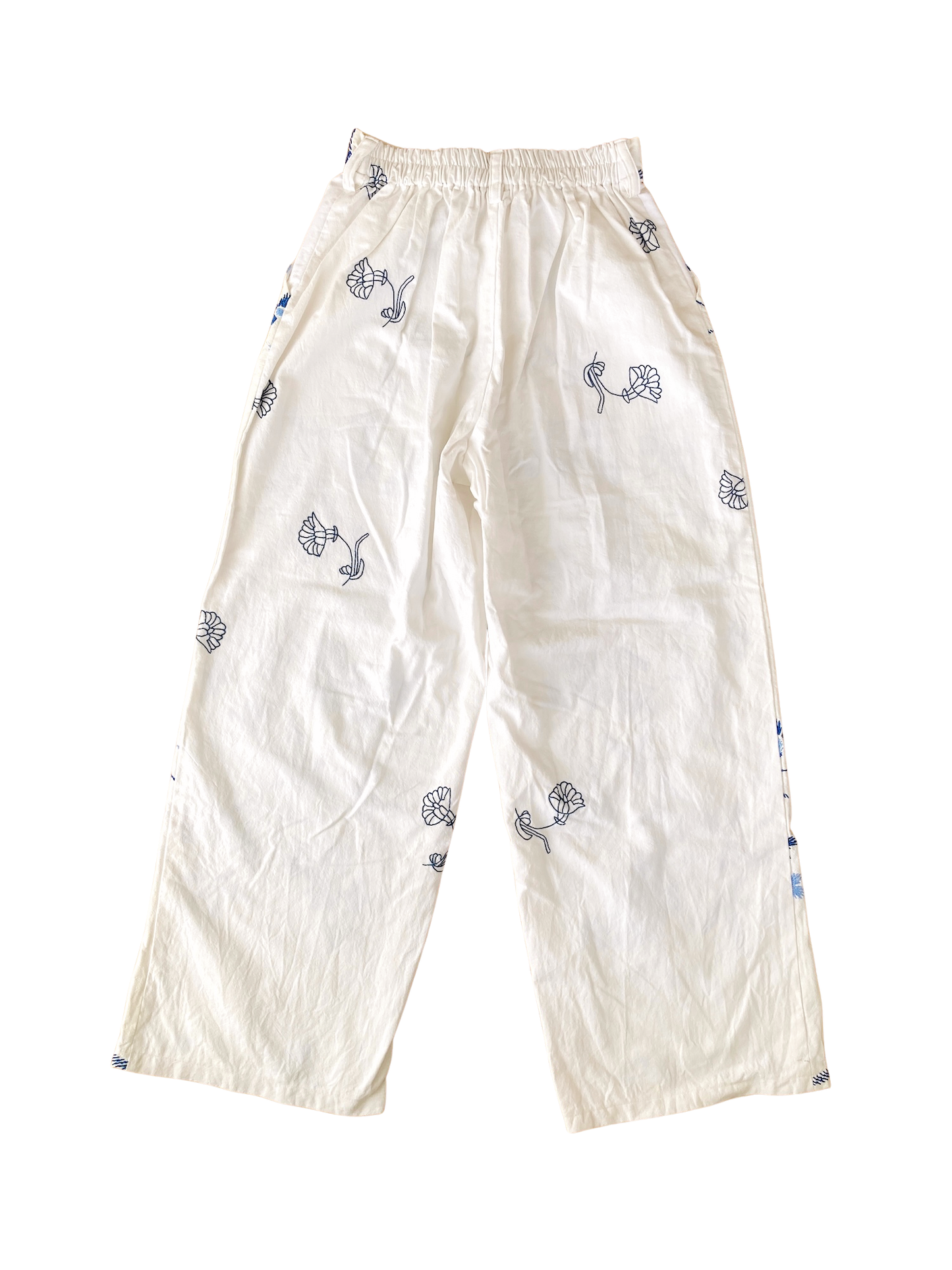 ヴィンテージ リメイク ブルー系 刺繍 コットン生地 ワイドパンツ