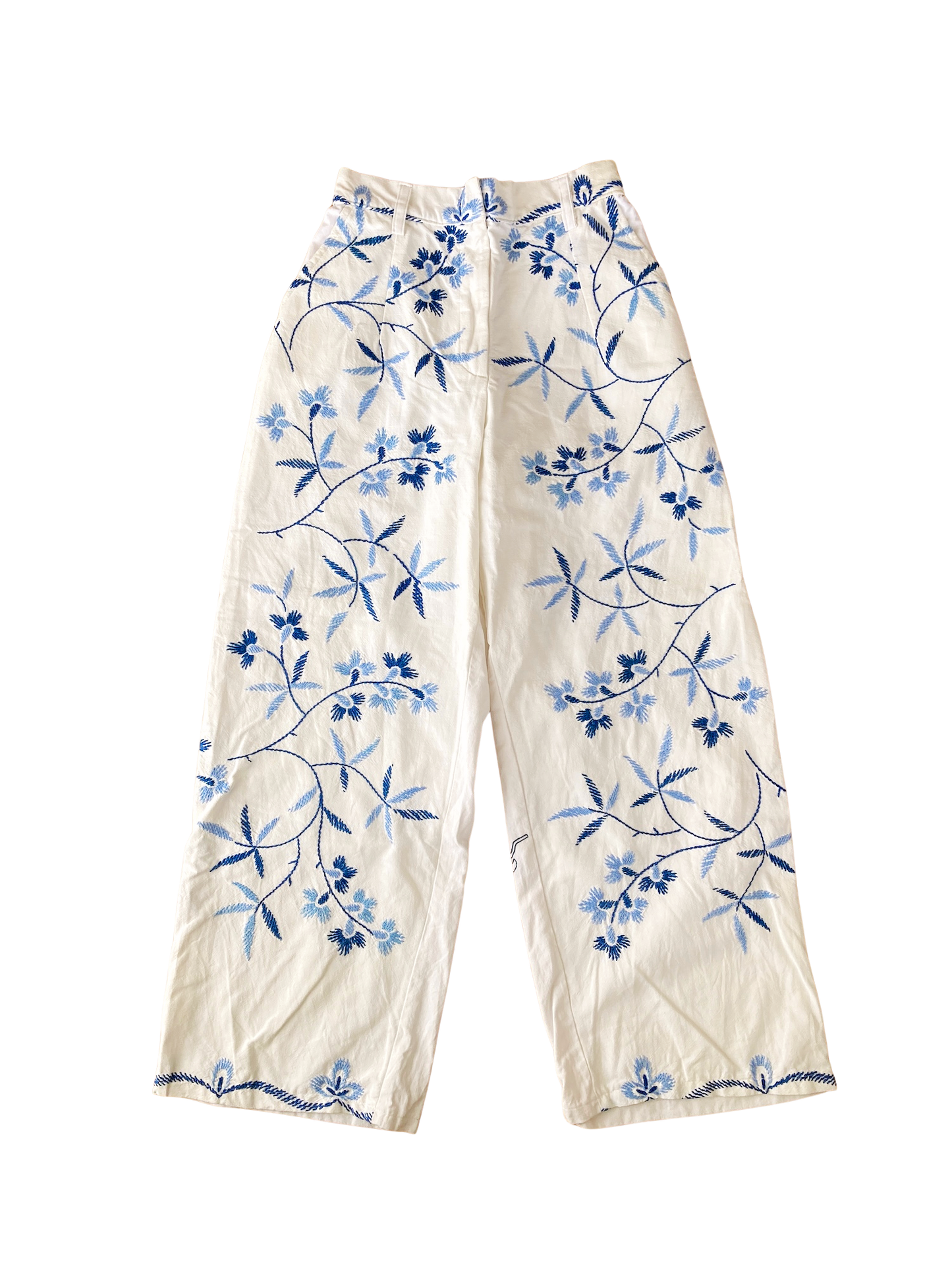 ヴィンテージ リメイク ブルー系 刺繍 コットン生地 ワイドパンツ