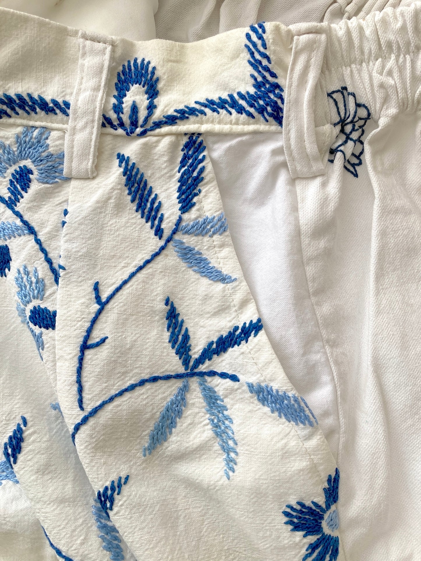 ヴィンテージ リメイク ブルー系 刺繍 コットン生地 ワイドパンツ