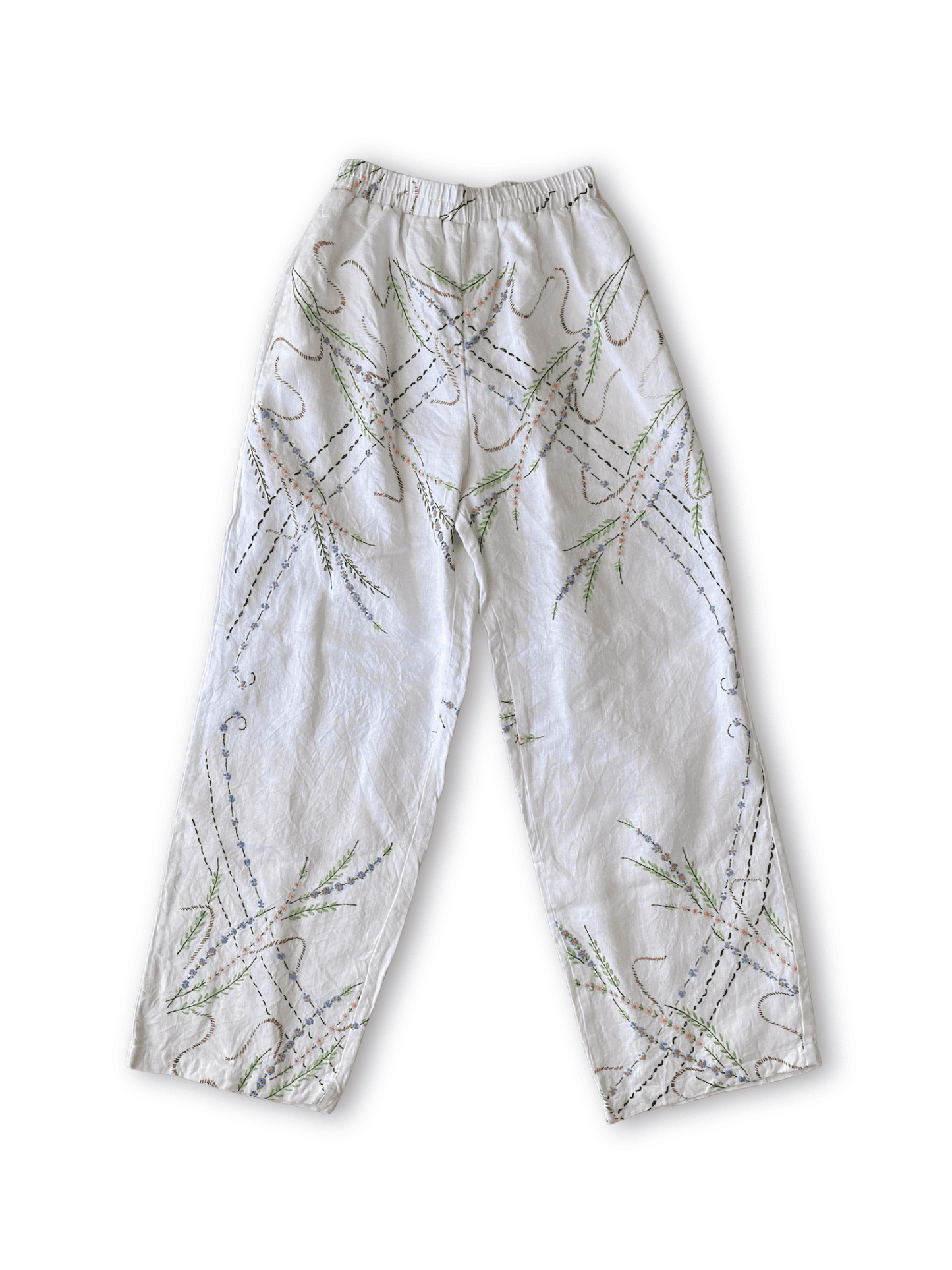 Upcycled Vintage Wildflower Embroidered Linen Pants, Wide Leg Trousers, Ivory Boho Style