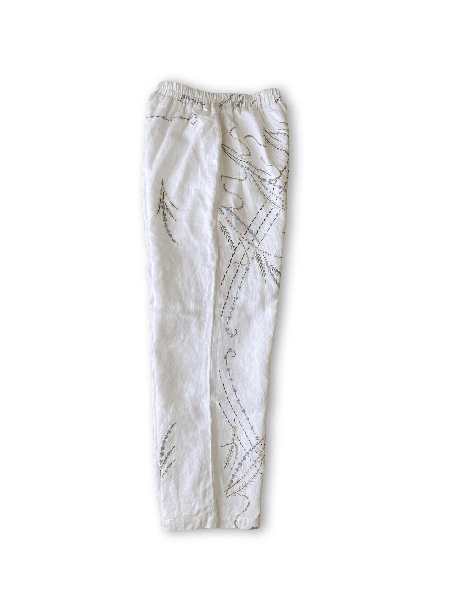 Upcycled Vintage Wildflower Embroidered Linen Pants, Wide Leg Trousers, Ivory Boho Style