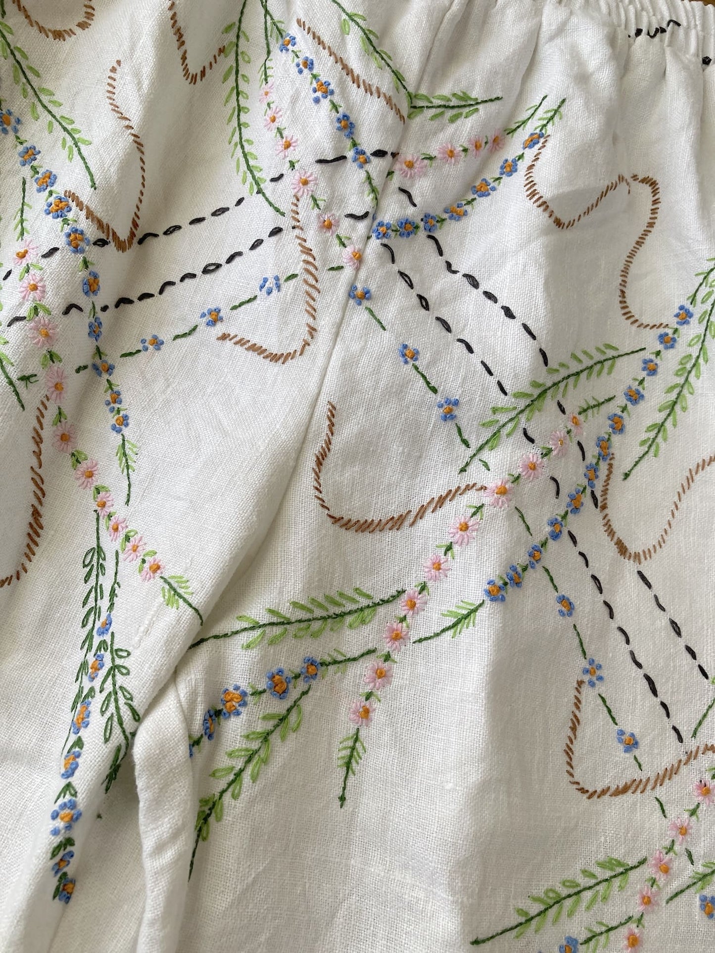 Upcycled Vintage Wildflower Embroidered Linen Pants, Wide Leg Trousers, Ivory Boho Style