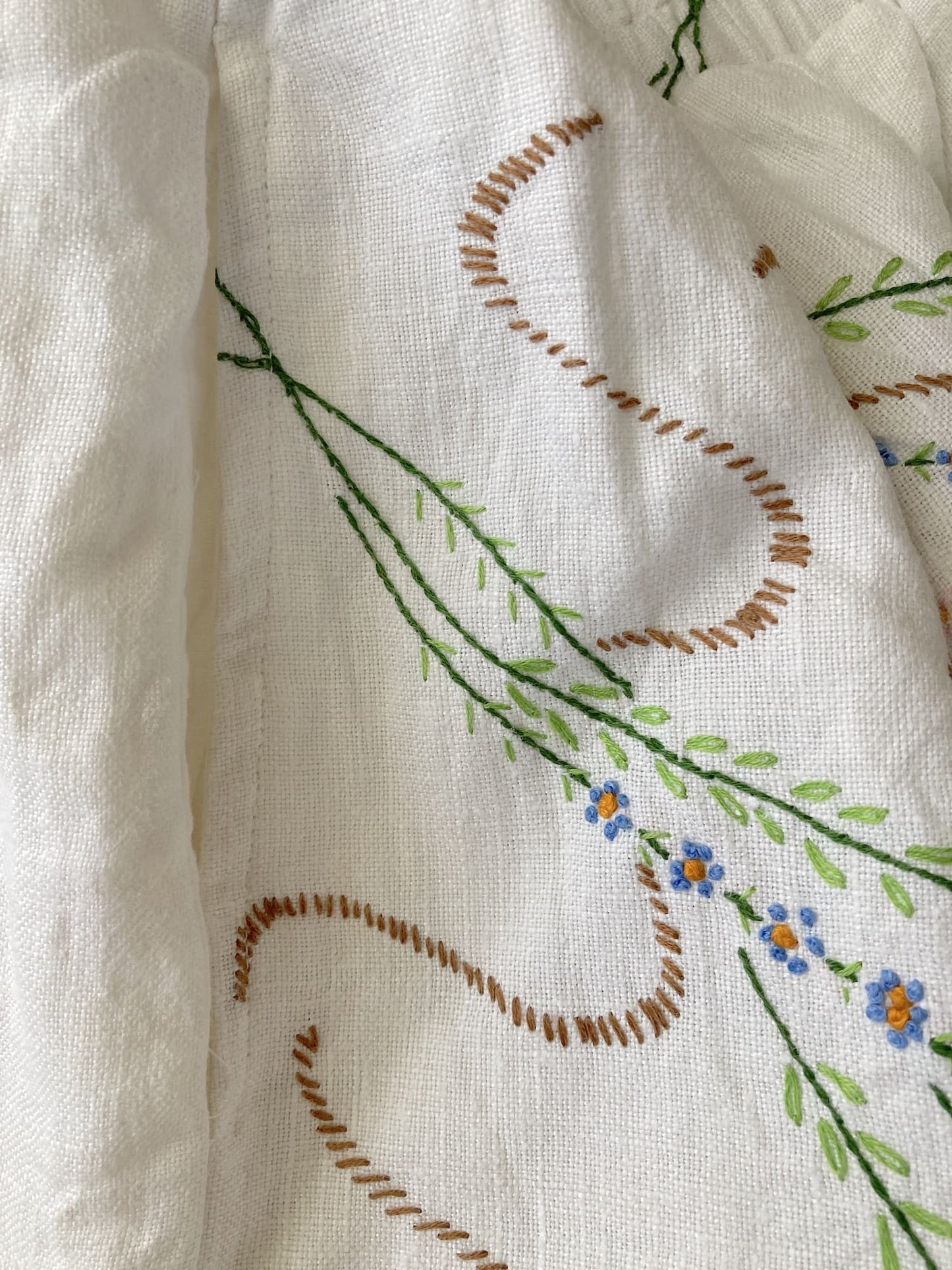Upcycled Vintage Wildflower Embroidered Linen Pants, Wide Leg Trousers, Ivory Boho Style