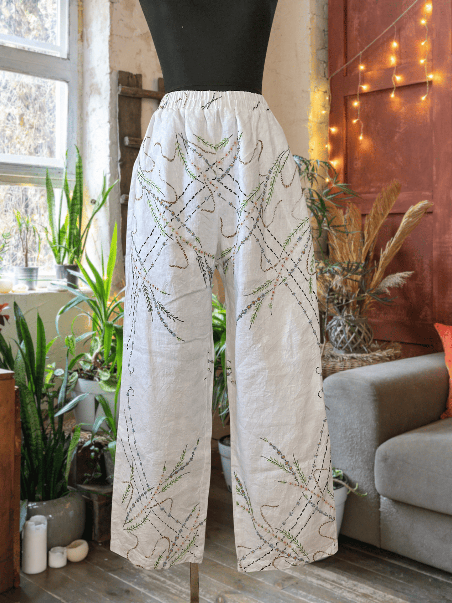 Upcycled Vintage Wildflower Embroidered Linen Pants, Wide Leg Trousers, Ivory Boho Style