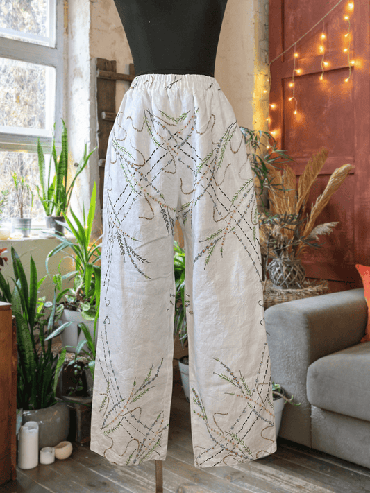Upcycled Vintage Wildflower Embroidered Linen Pants, Wide Leg Trousers, Ivory Boho Style
