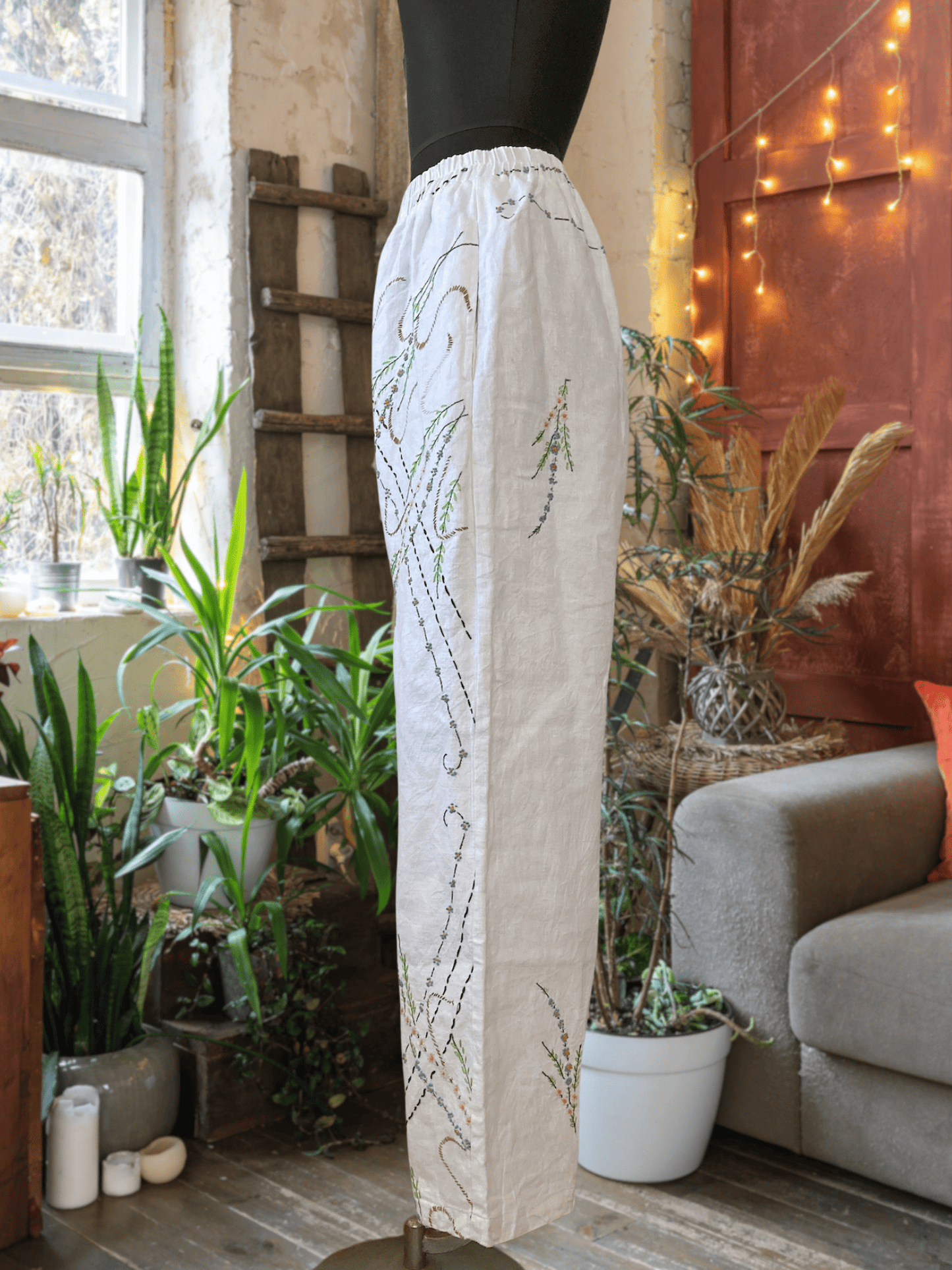 Upcycled Vintage Wildflower Embroidered Linen Pants, Wide Leg Trousers, Ivory Boho Style