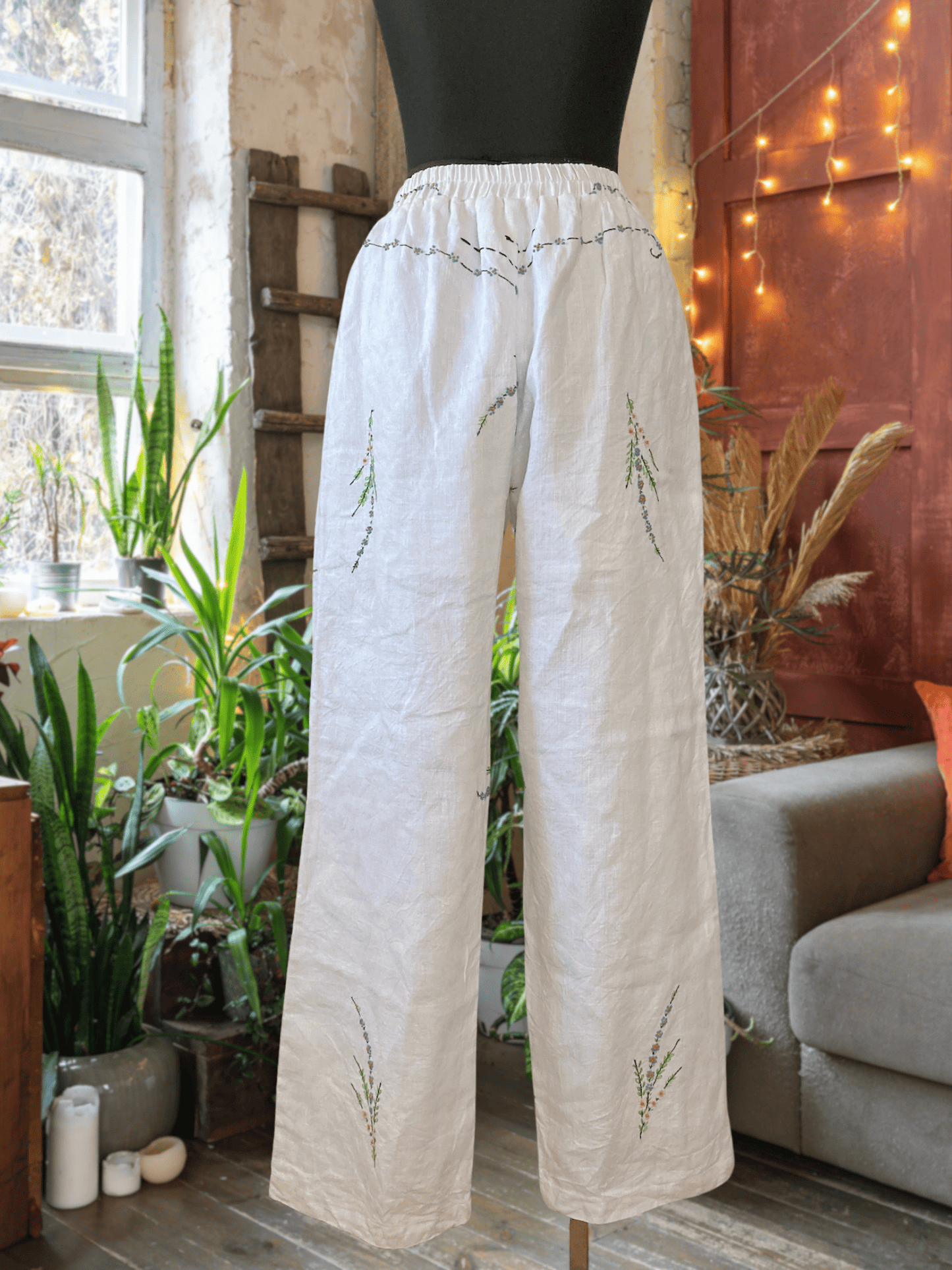 Upcycled Vintage Wildflower Embroidered Linen Pants, Wide Leg Trousers, Ivory Boho Style