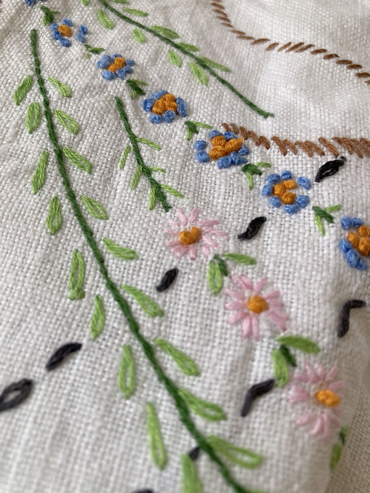 Upcycled Vintage Wildflower Embroidered Linen Pants, Wide Leg Trousers, Ivory Boho Style