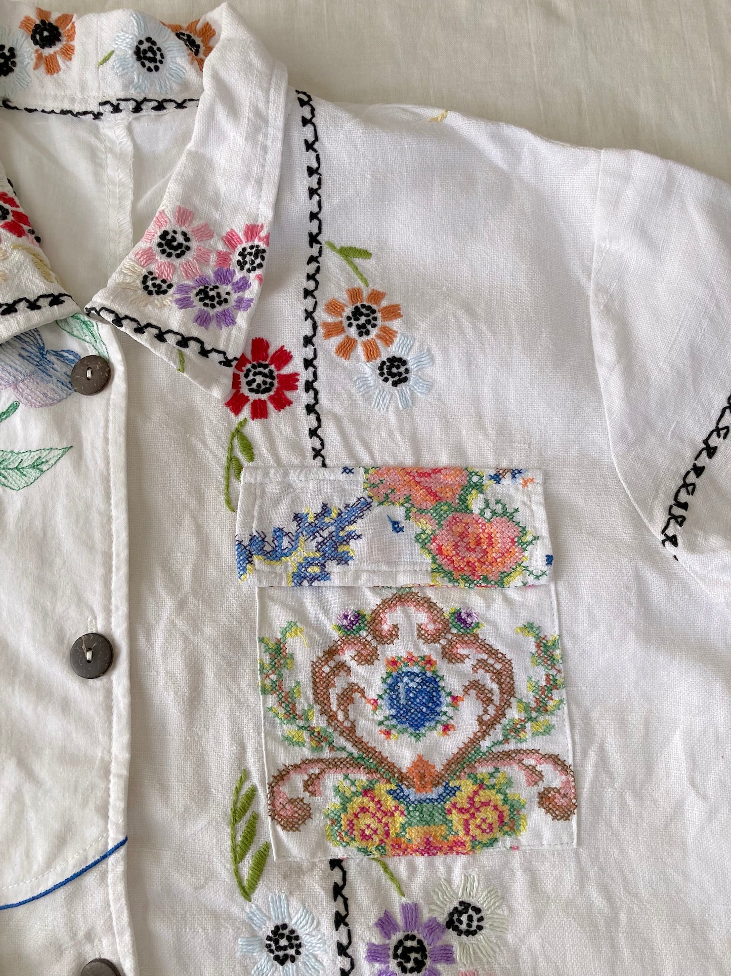 ヴィンテージ クロス刺繍 アップサイクル ボタンジャケット 刺繍クロス リメイク