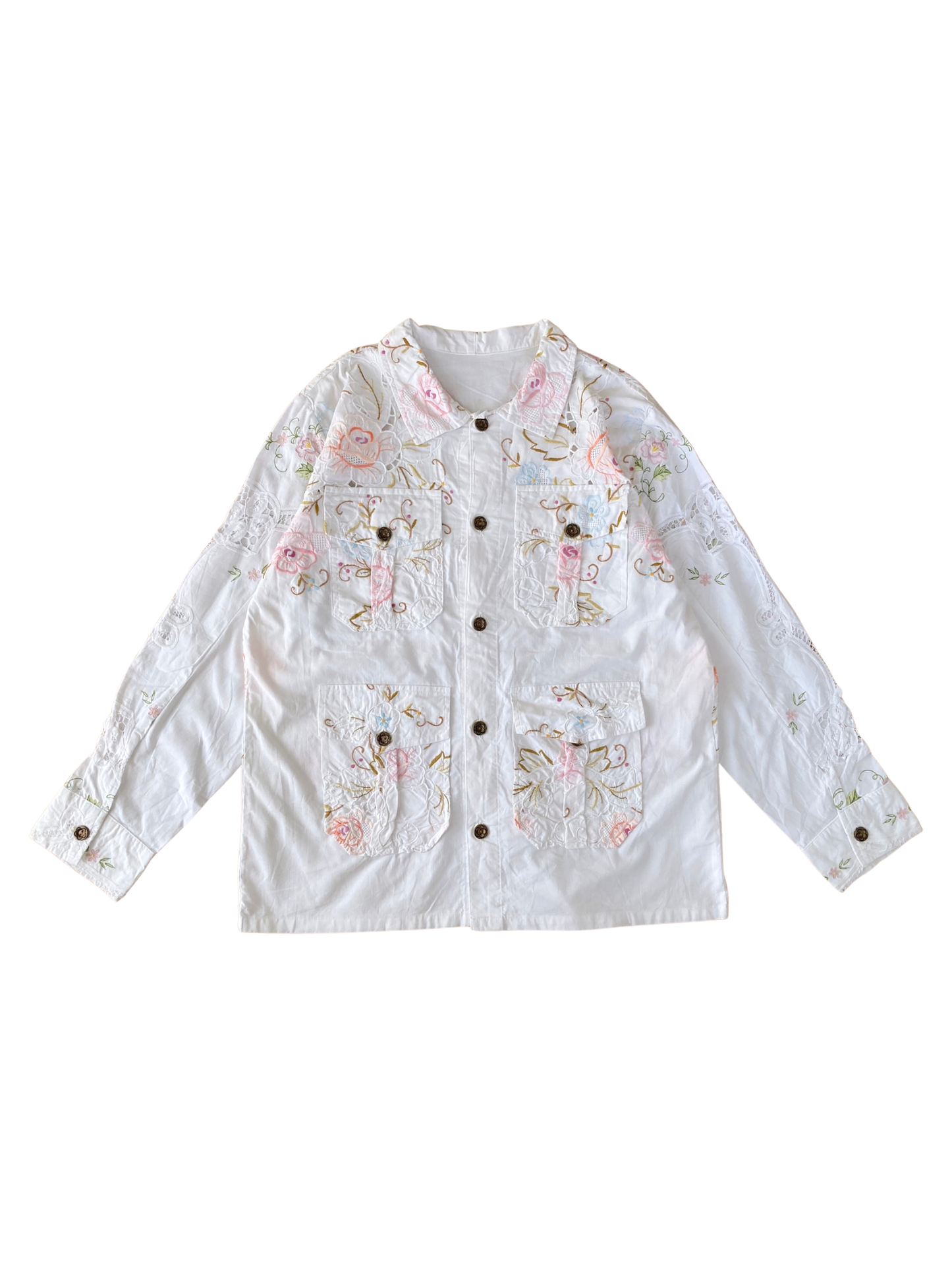 Upcycled Hand-Embroidered Vintage Lace Shirt Jacket - 4-Pocket Safari Style