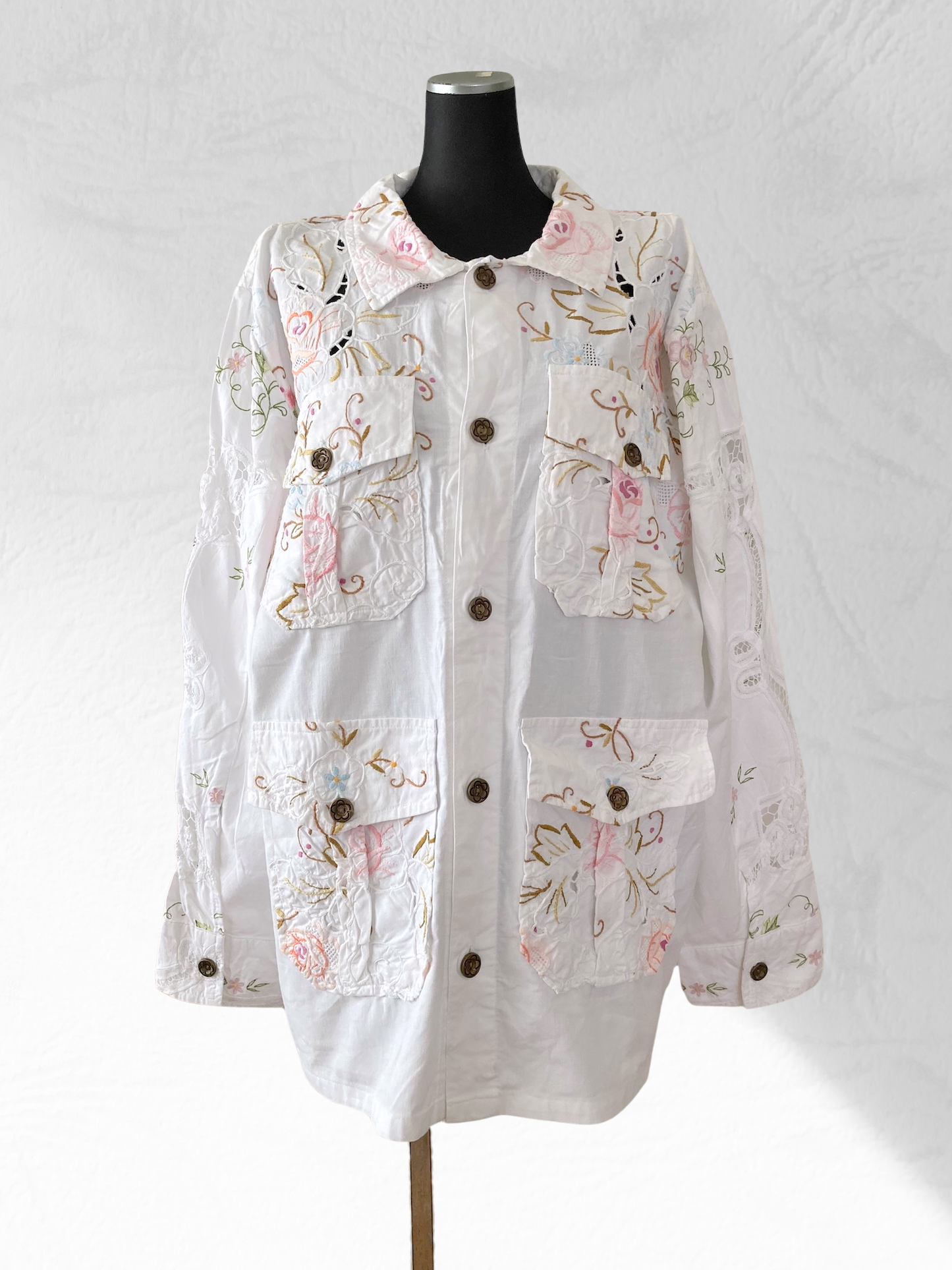 Upcycled Hand-Embroidered Vintage Lace Shirt Jacket - 4-Pocket Safari Style