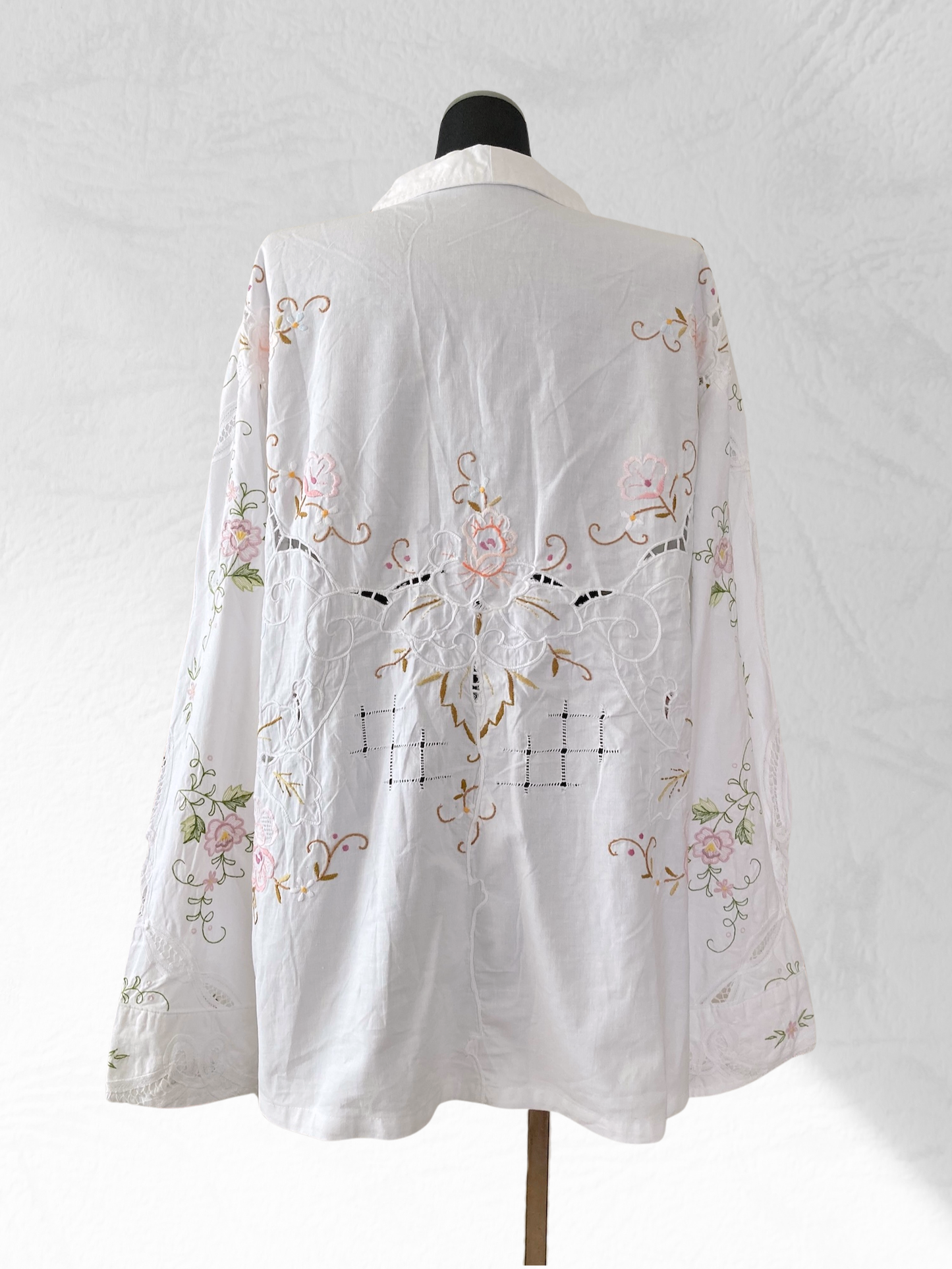 Upcycled Hand-Embroidered Vintage Lace Shirt Jacket - 4-Pocket Safari Style