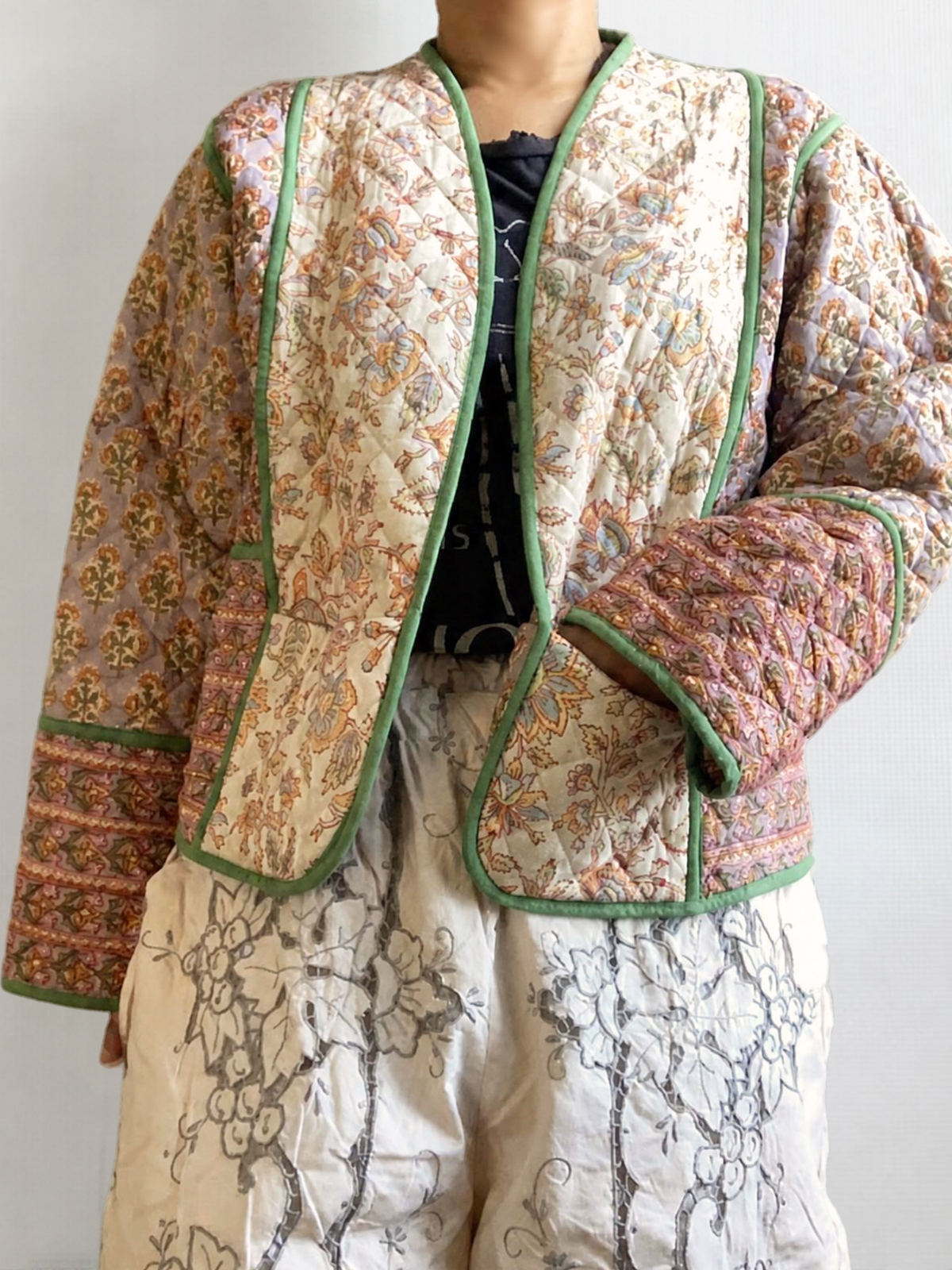 Reversible Hand Block Print Quilted Jacket  / Green
