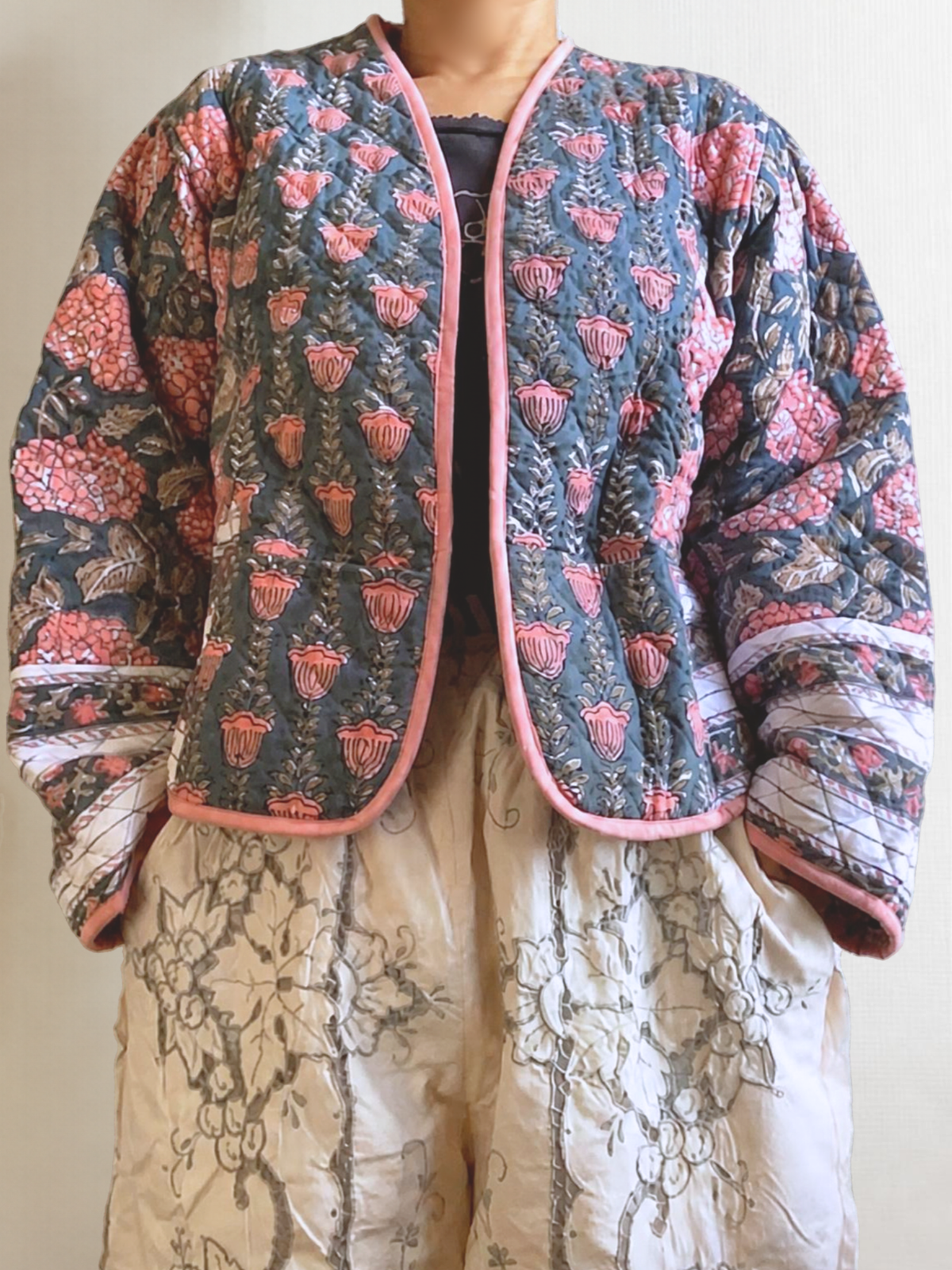 Reversible Hand Block Print Quilted Jacket  / Pink x Gray