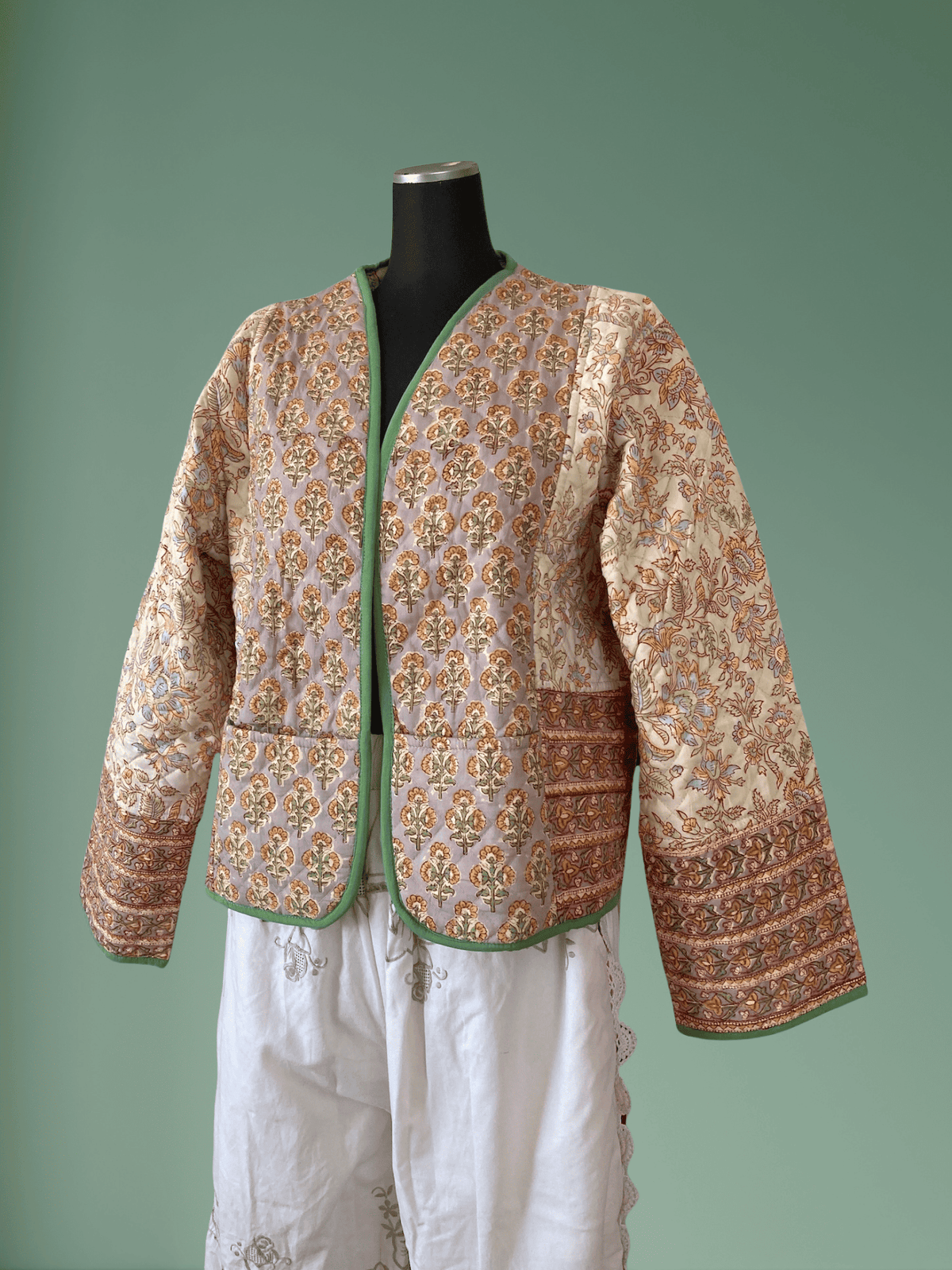Reversible Hand Block Print Quilted Jacket  / Green