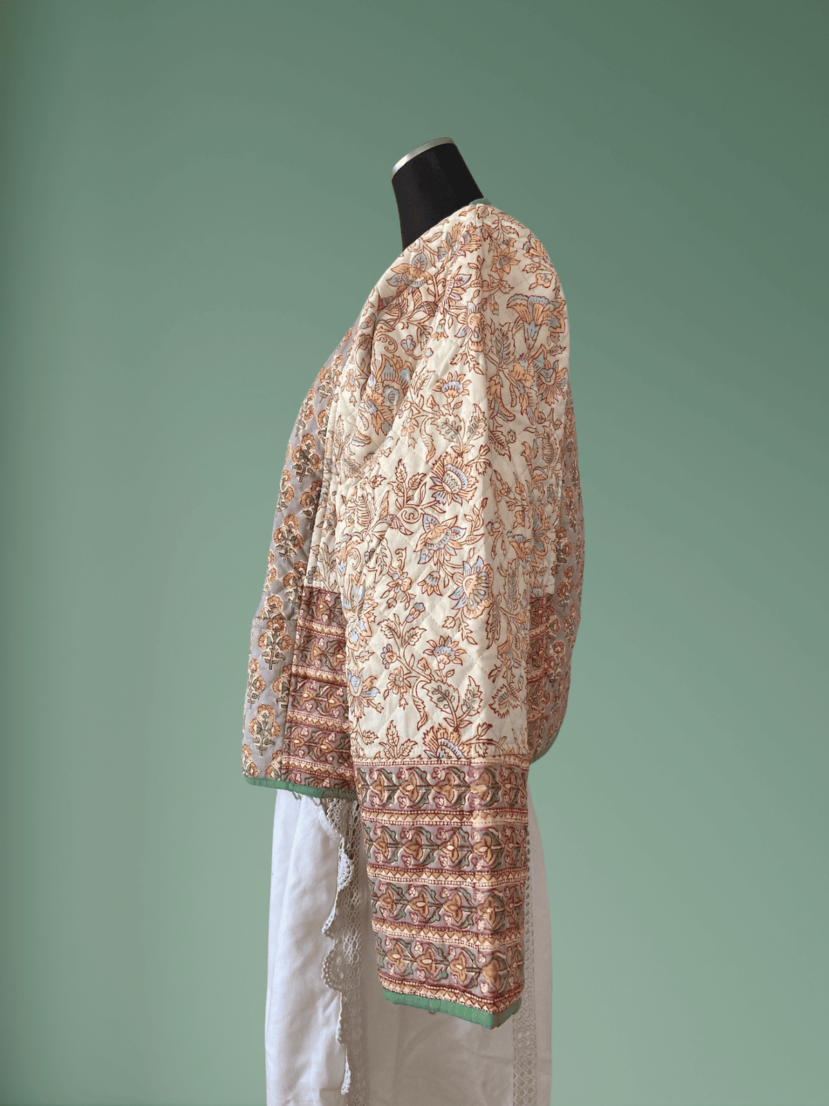 Reversible Hand Block Print Quilted Jacket  / Green