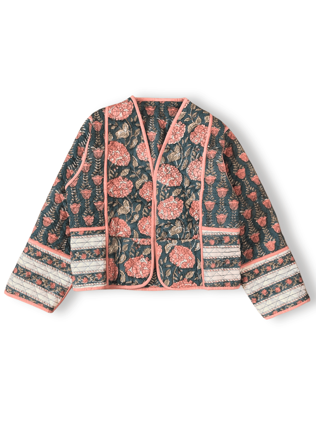 Reversible Hand Block Print Quilted Jacket  / Pink x Gray