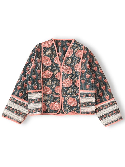 Reversible Hand Block Print Quilted Jacket  / Pink x Gray