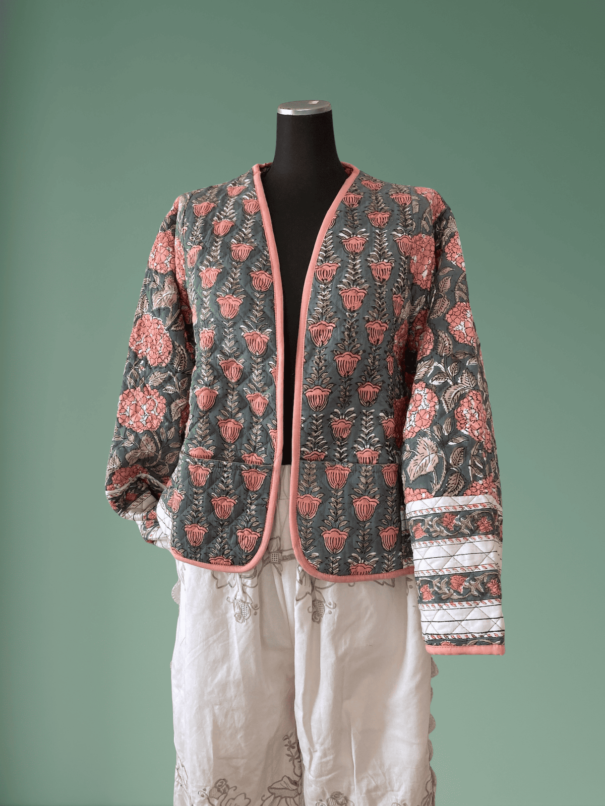 Reversible Hand Block Print Quilted Jacket  / Pink x Gray