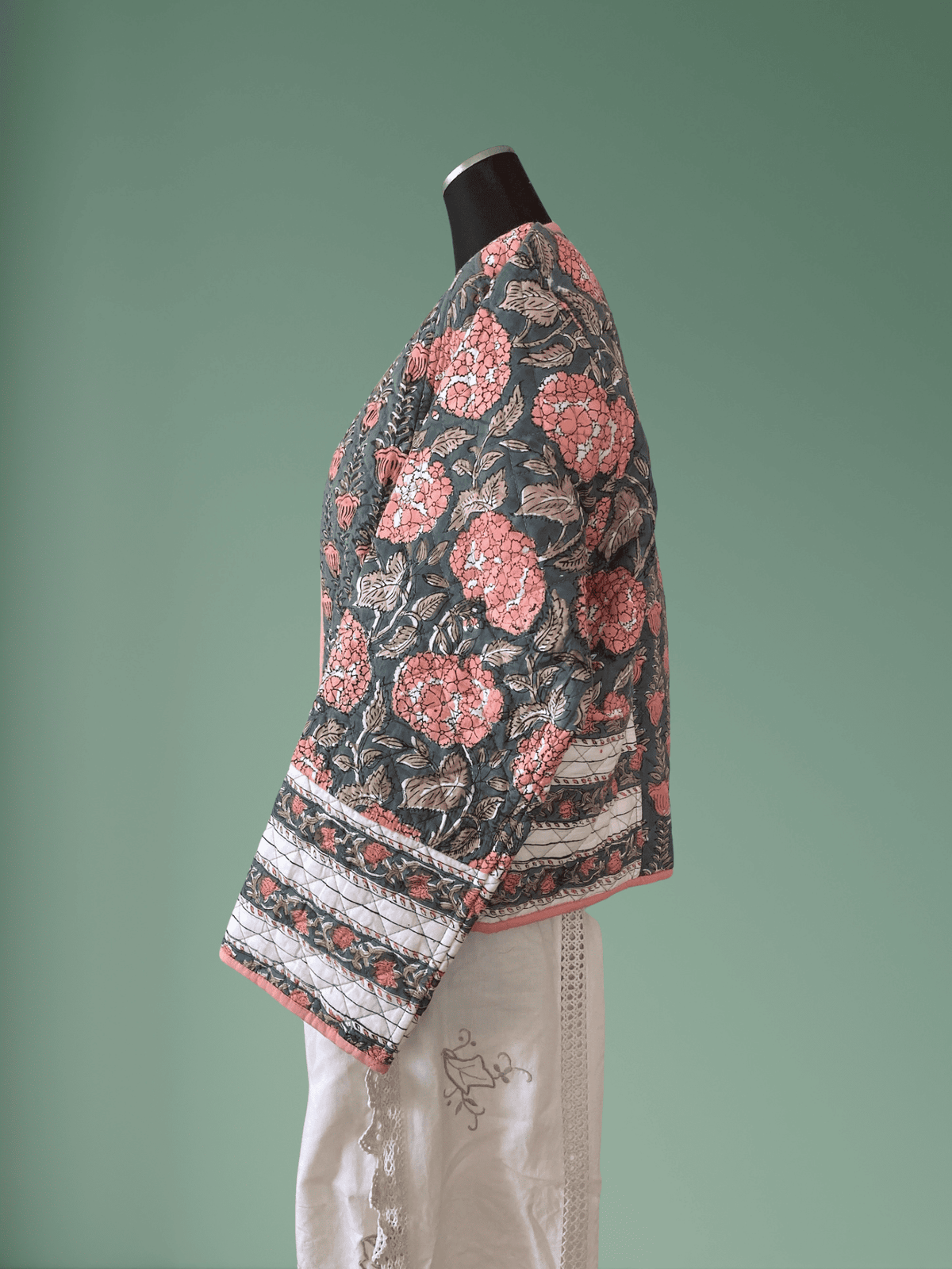 Reversible Hand Block Print Quilted Jacket  / Pink x Gray