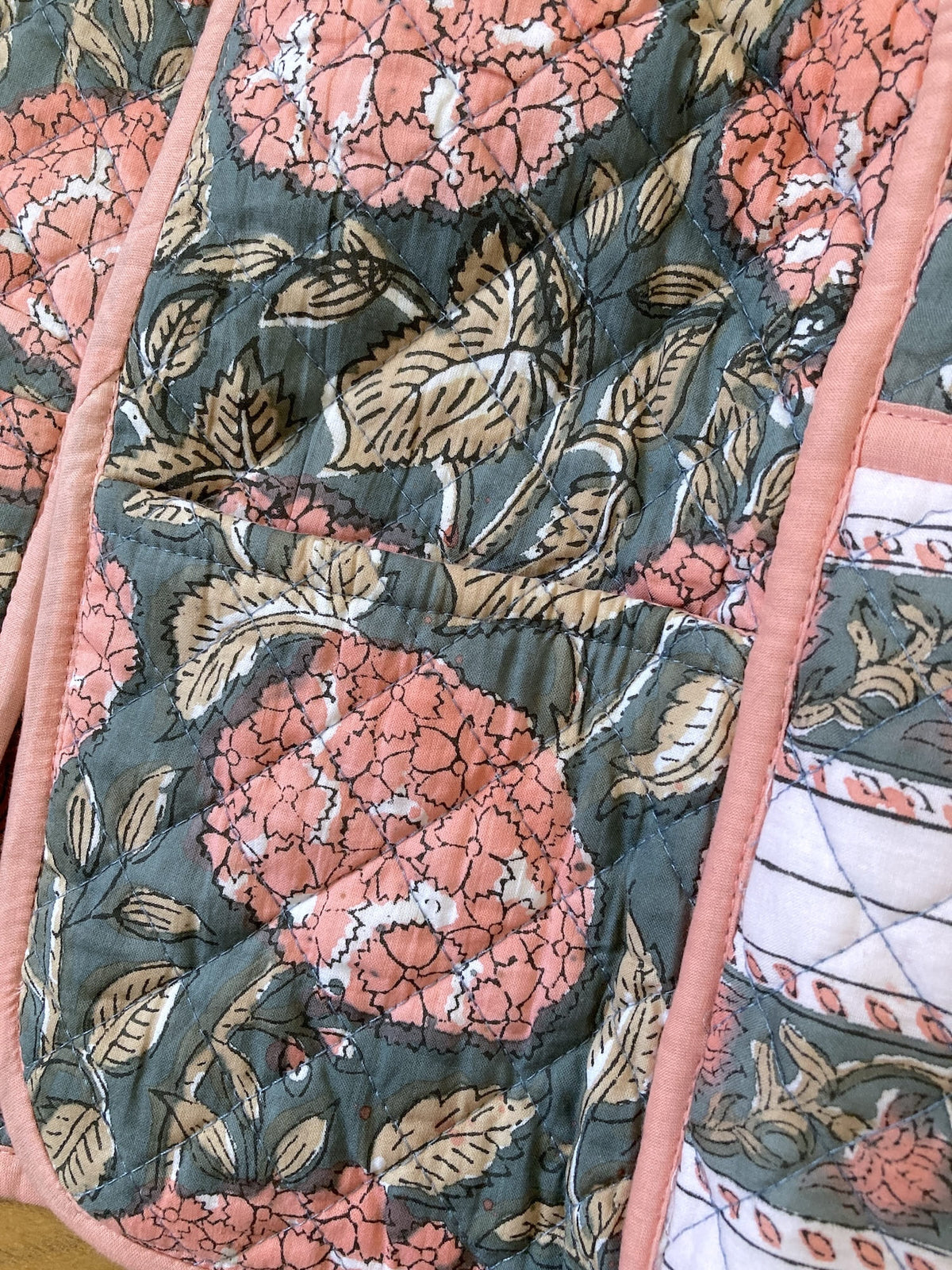 Reversible Hand Block Print Quilted Jacket  / Pink x Gray
