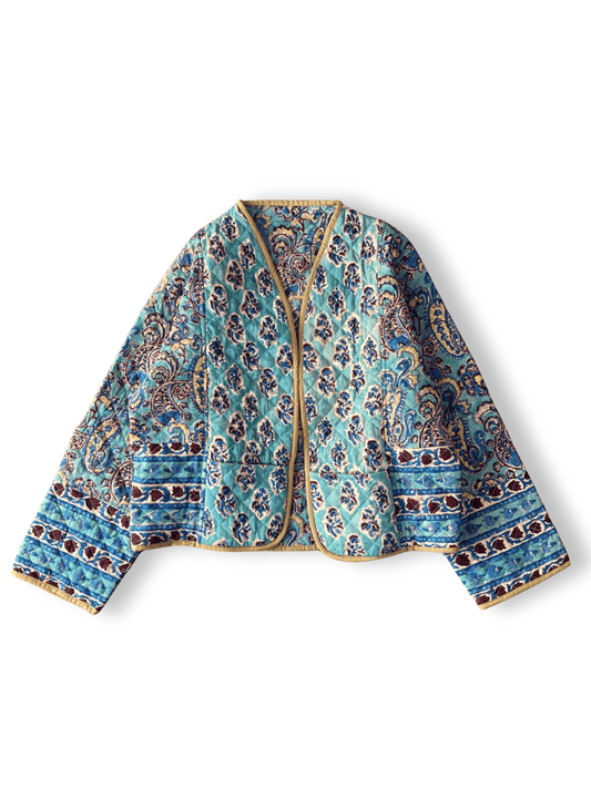 Reversible Hand Block Print Quilted Jacket  / Blue