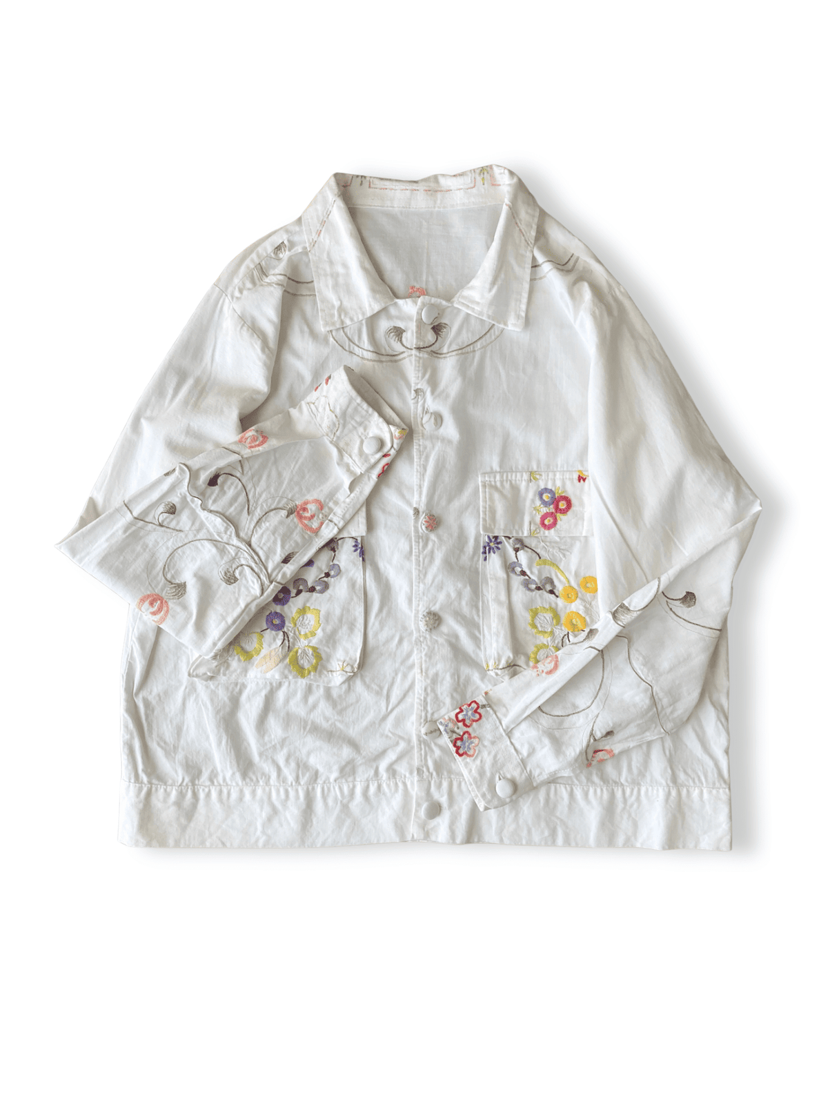 Upcycled Vintage Embroidery Shirt Jacket, Reworked Big Pockets Cotton Top