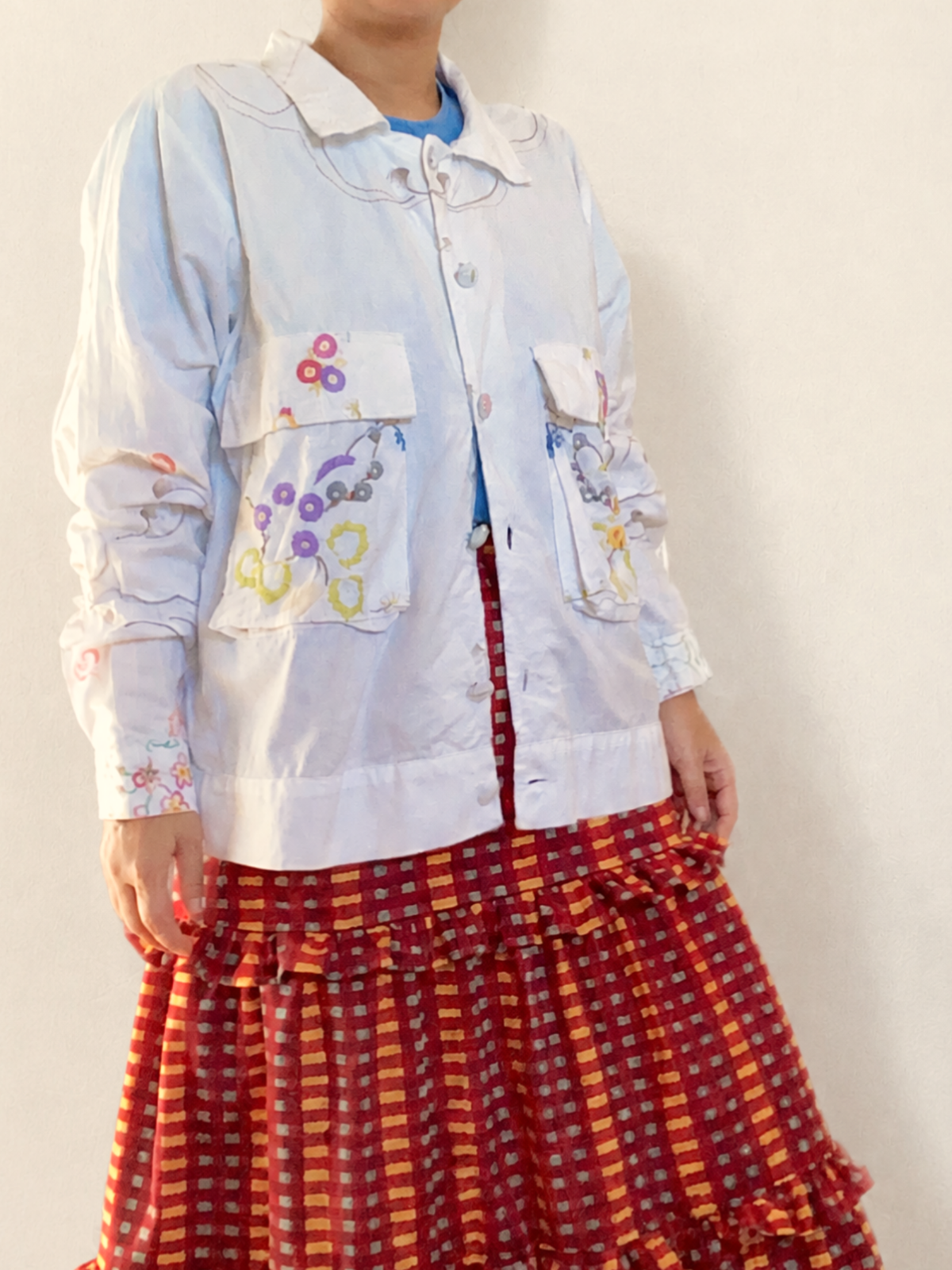 Upcycled Vintage Embroidery Shirt Jacket, Reworked Big Pockets Cotton Top