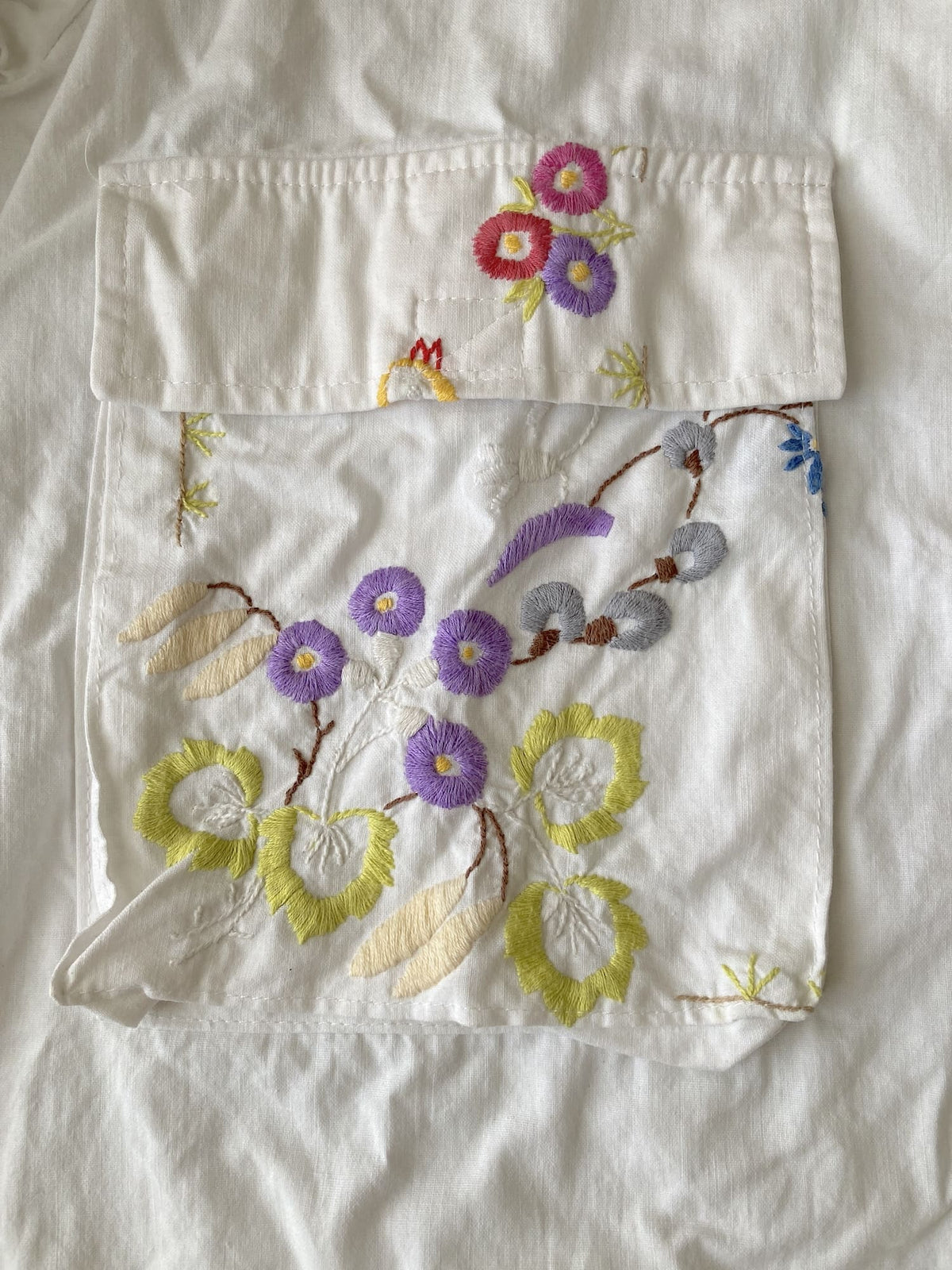 Upcycled Vintage Embroidery Shirt Jacket, Reworked Big Pockets Cotton Top