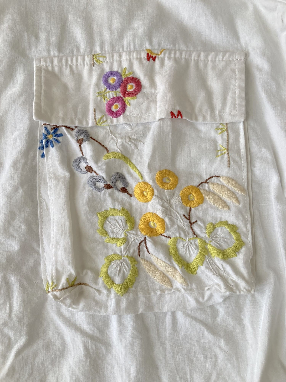 Upcycled Vintage Embroidery Shirt Jacket, Reworked Big Pockets Cotton Top