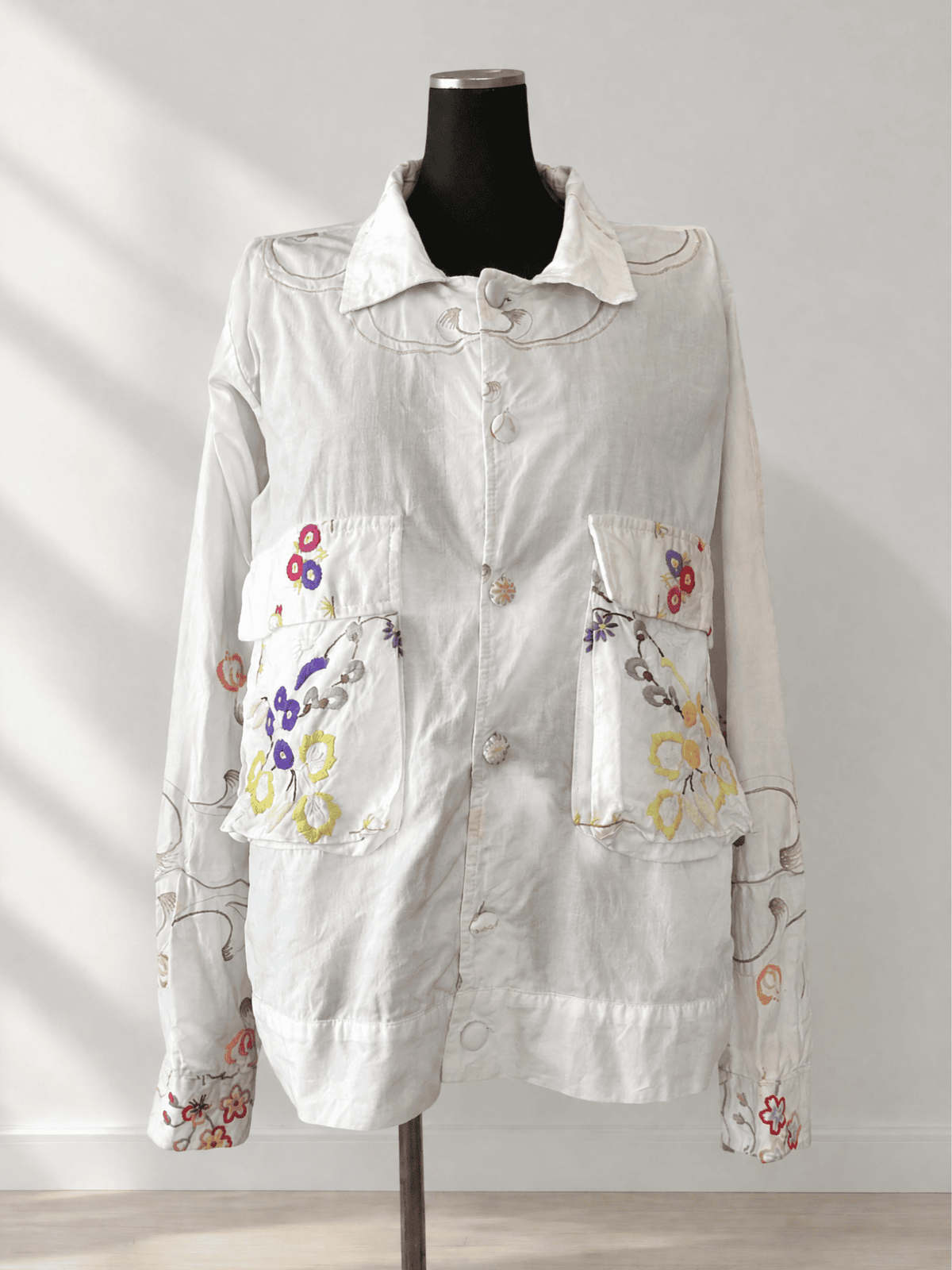 Upcycled Vintage Embroidery Shirt Jacket, Reworked Big Pockets Cotton Top