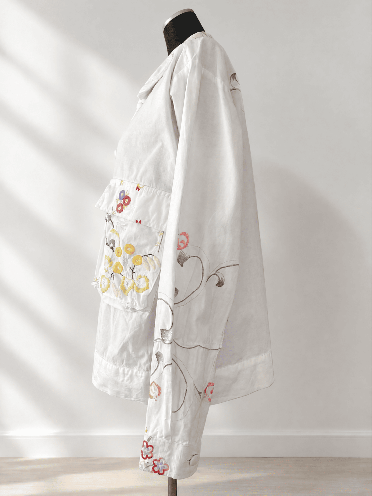 Upcycled Vintage Embroidery Shirt Jacket, Reworked Big Pockets Cotton Top
