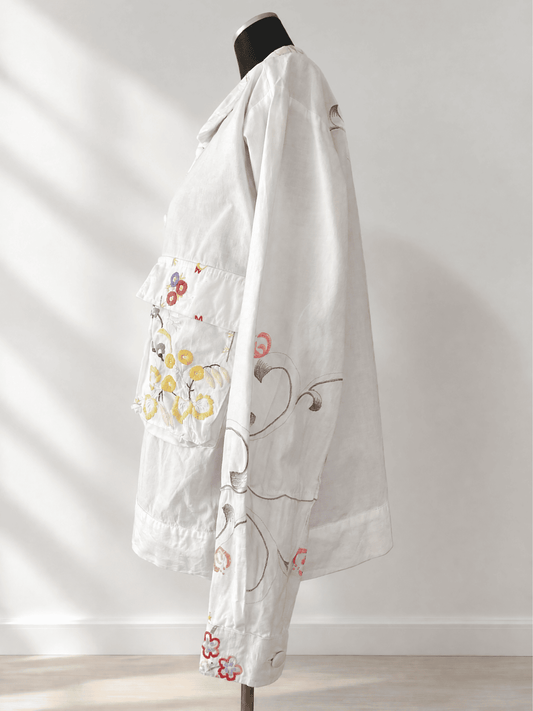 Upcycled Vintage Embroidery Shirt Jacket, Reworked Big Pockets Cotton Top