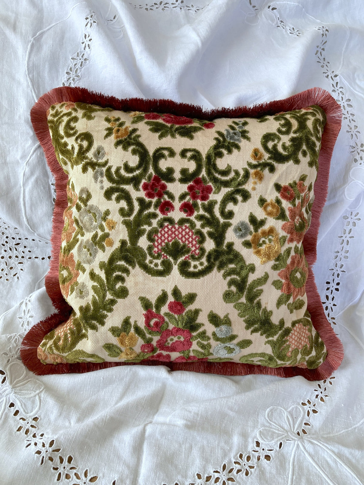 Vintage Velvet Floral Fabric Fringe Pillow Cover