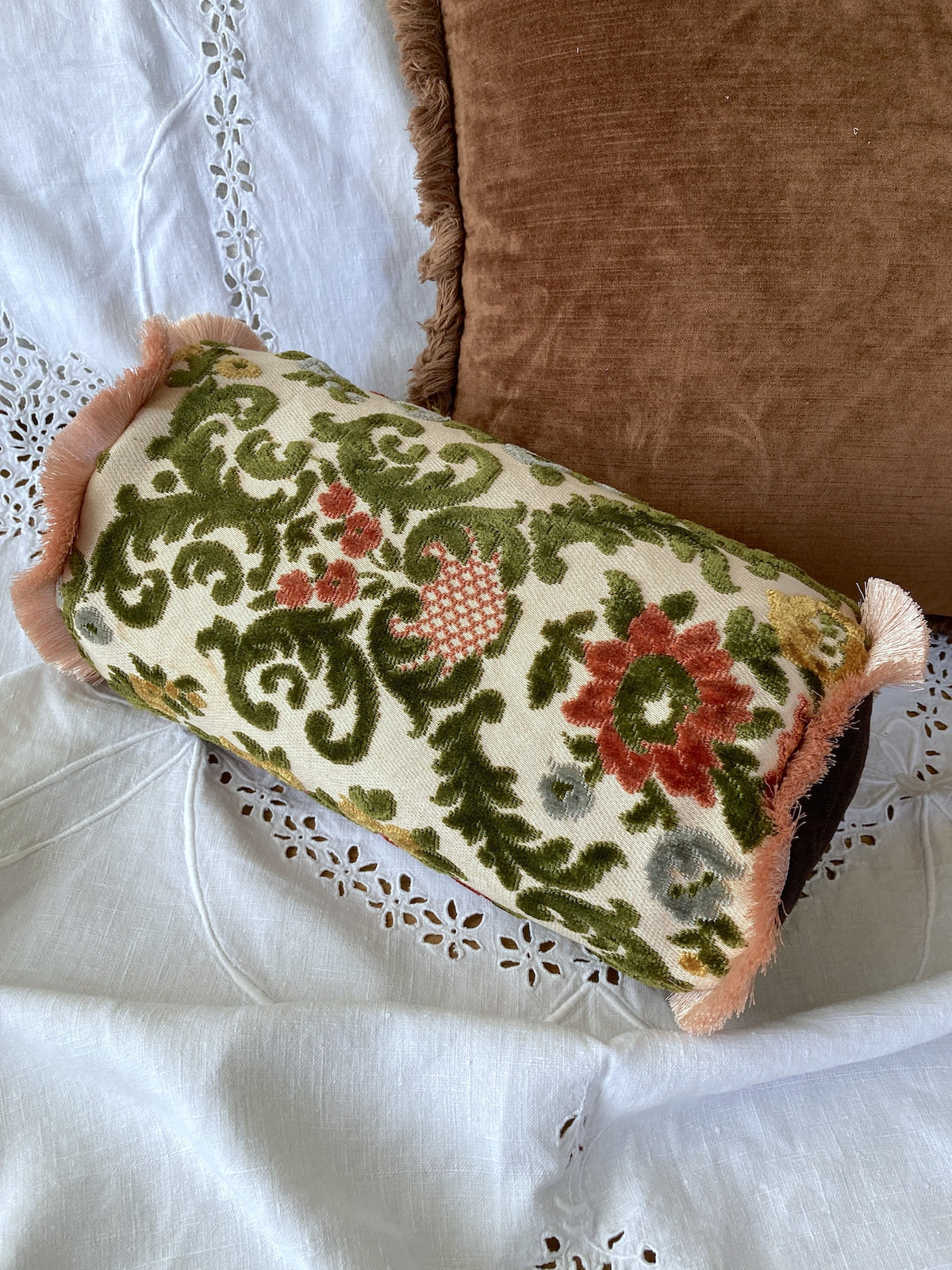 Vintage Velvet Floral Fabric Fringe Pillow Cover