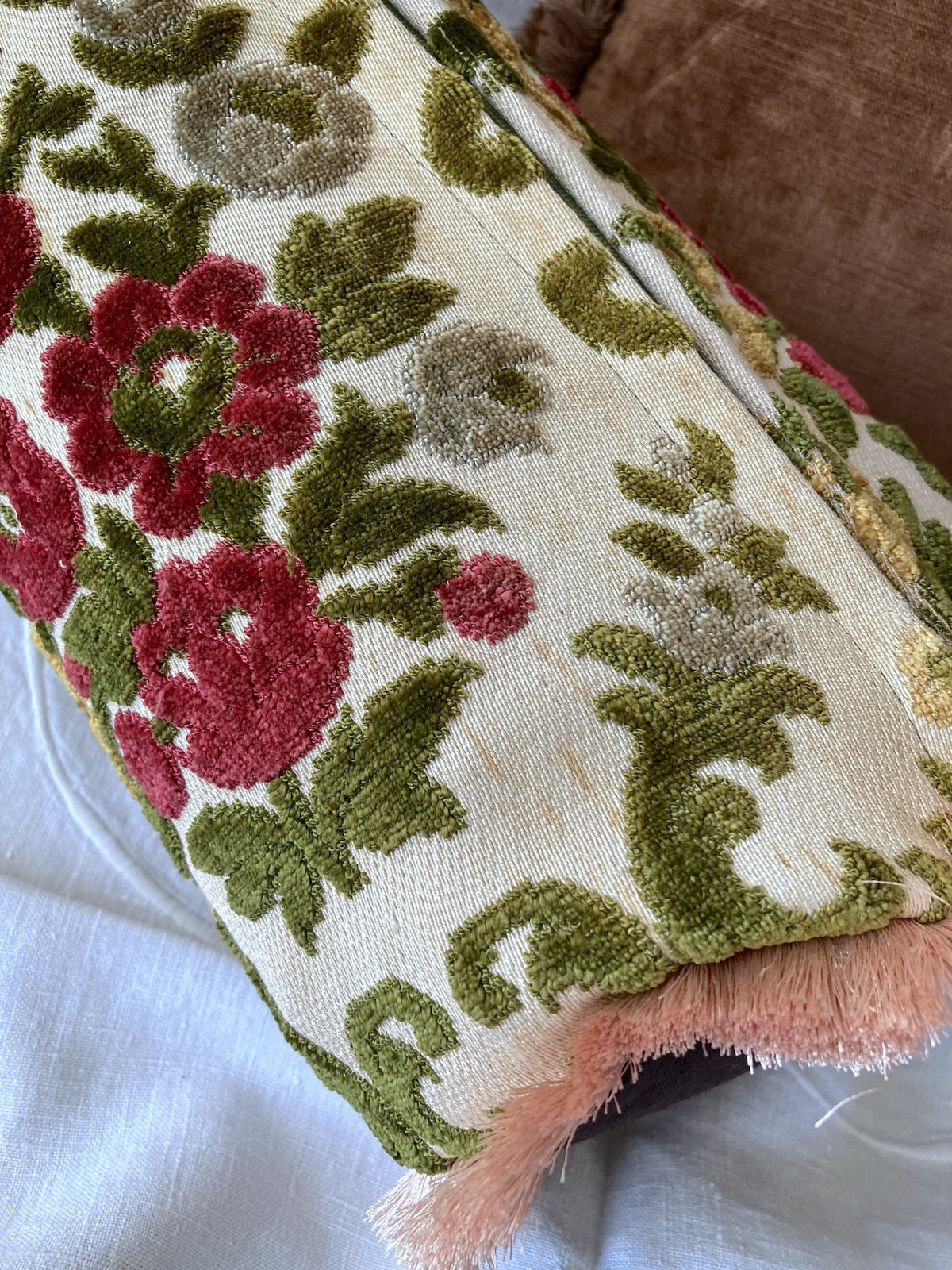 Vintage Velvet Floral Fabric Fringe Pillow Cover