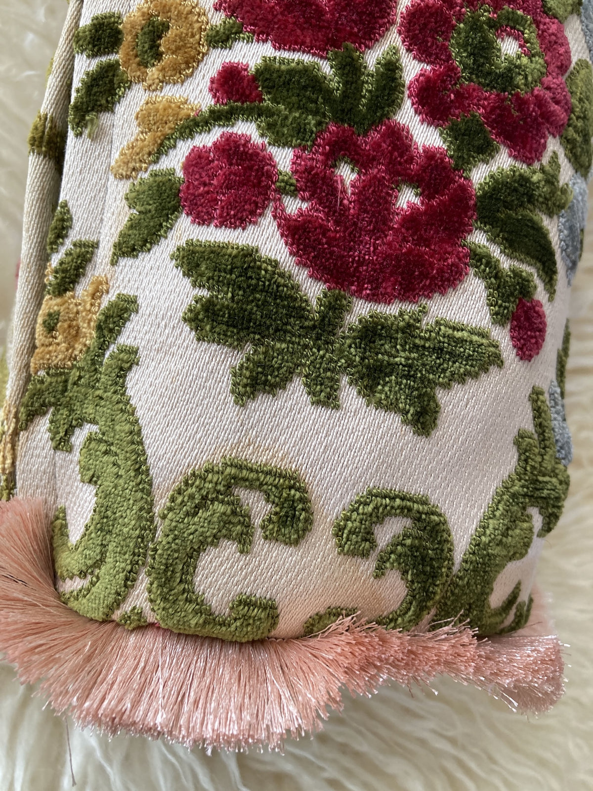 Vintage Velvet Floral Fabric Fringe Pillow Cover