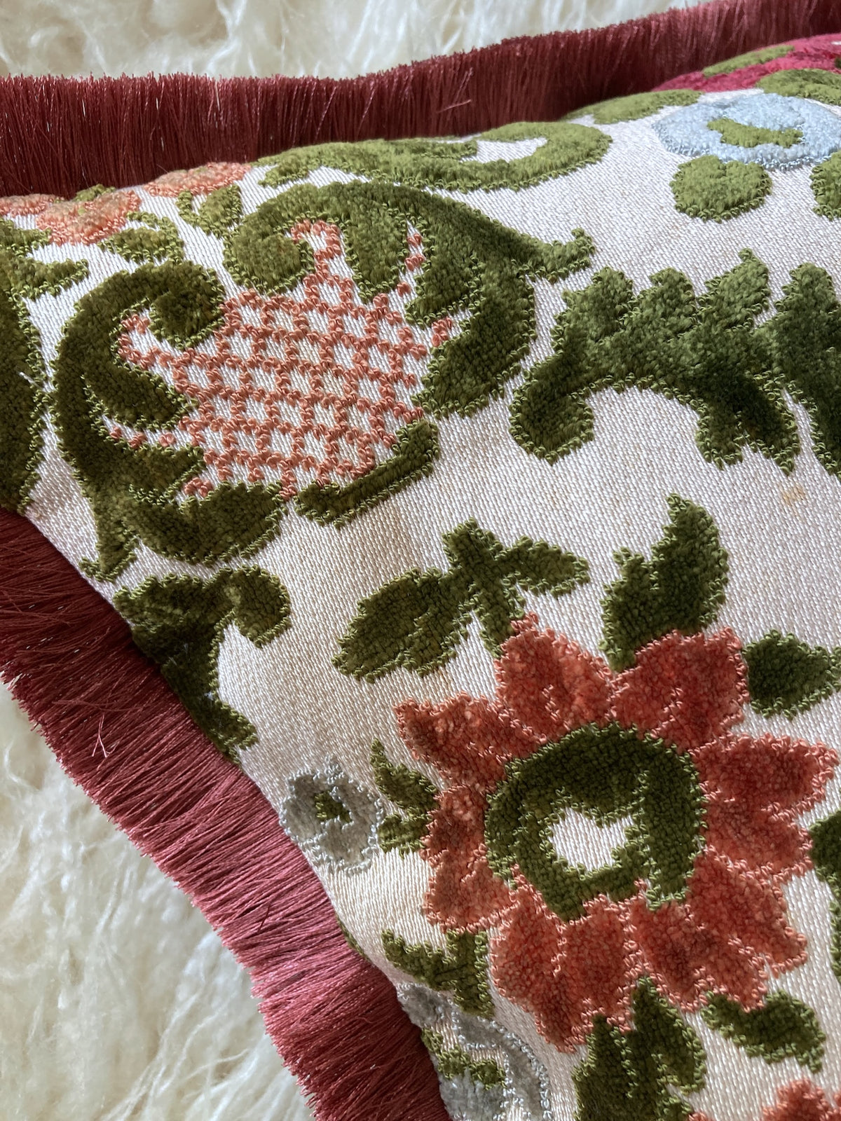 Vintage Velvet Floral Fabric Fringe Pillow Cover
