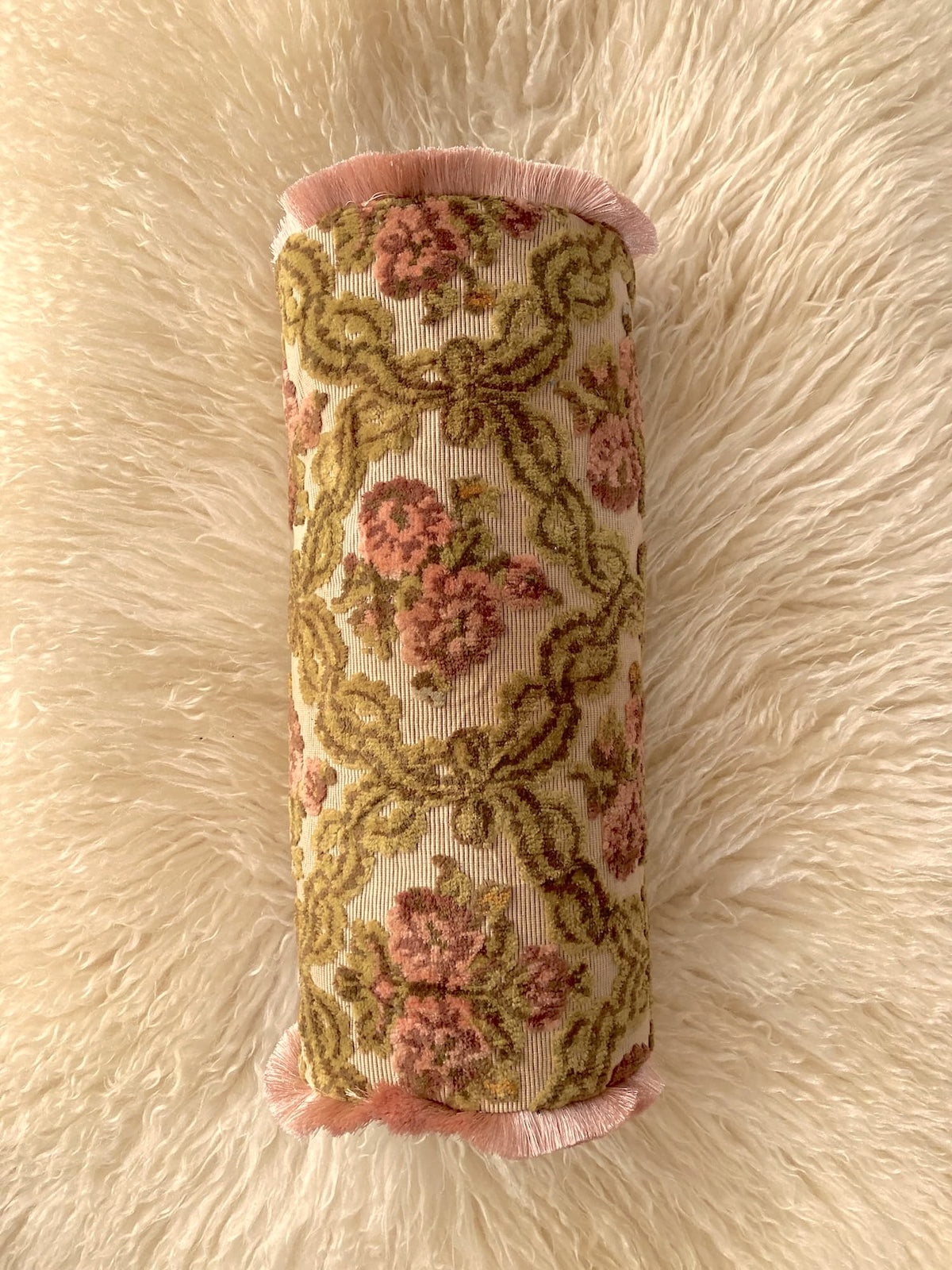 ヴィンテージ アラベスク 花柄 カットベルベット フリンジ クッションカバー