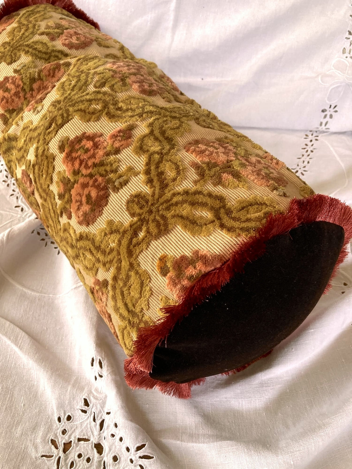 ヴィンテージ アラベスク 花柄 カットベルベット フリンジ クッションカバー