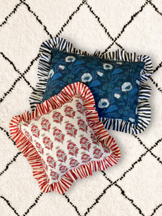 Hand Block Bagru Print Ruffle Pillow Case / Cushion Cover