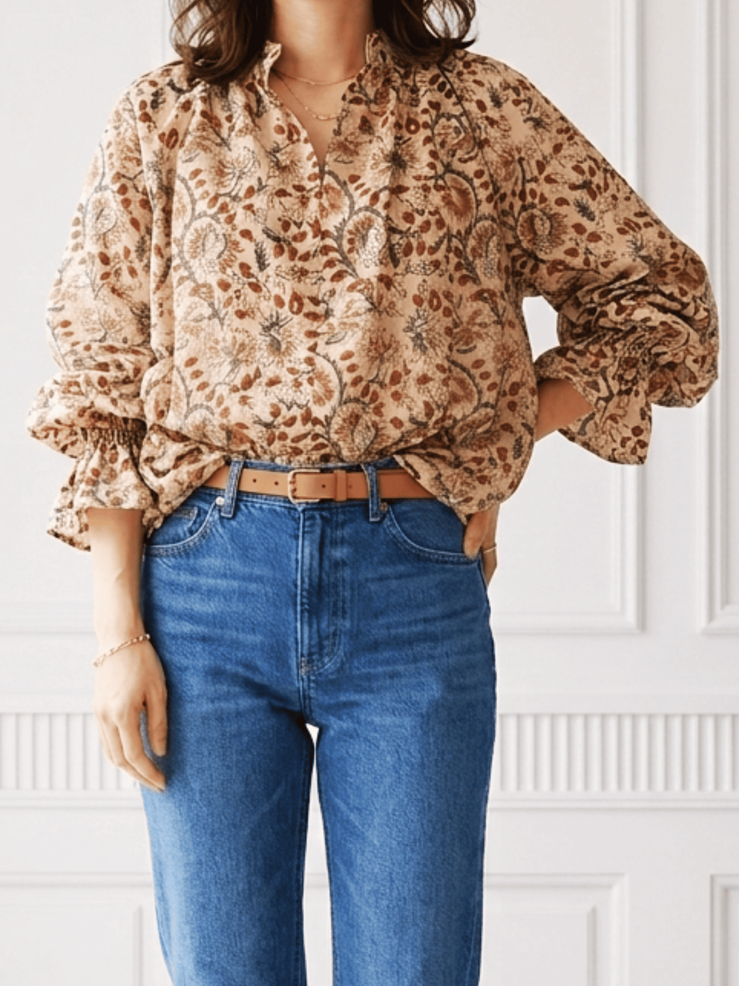 【custom order】 Hand Block Print Band Collar Split Neck Dress - Blouse #Bella