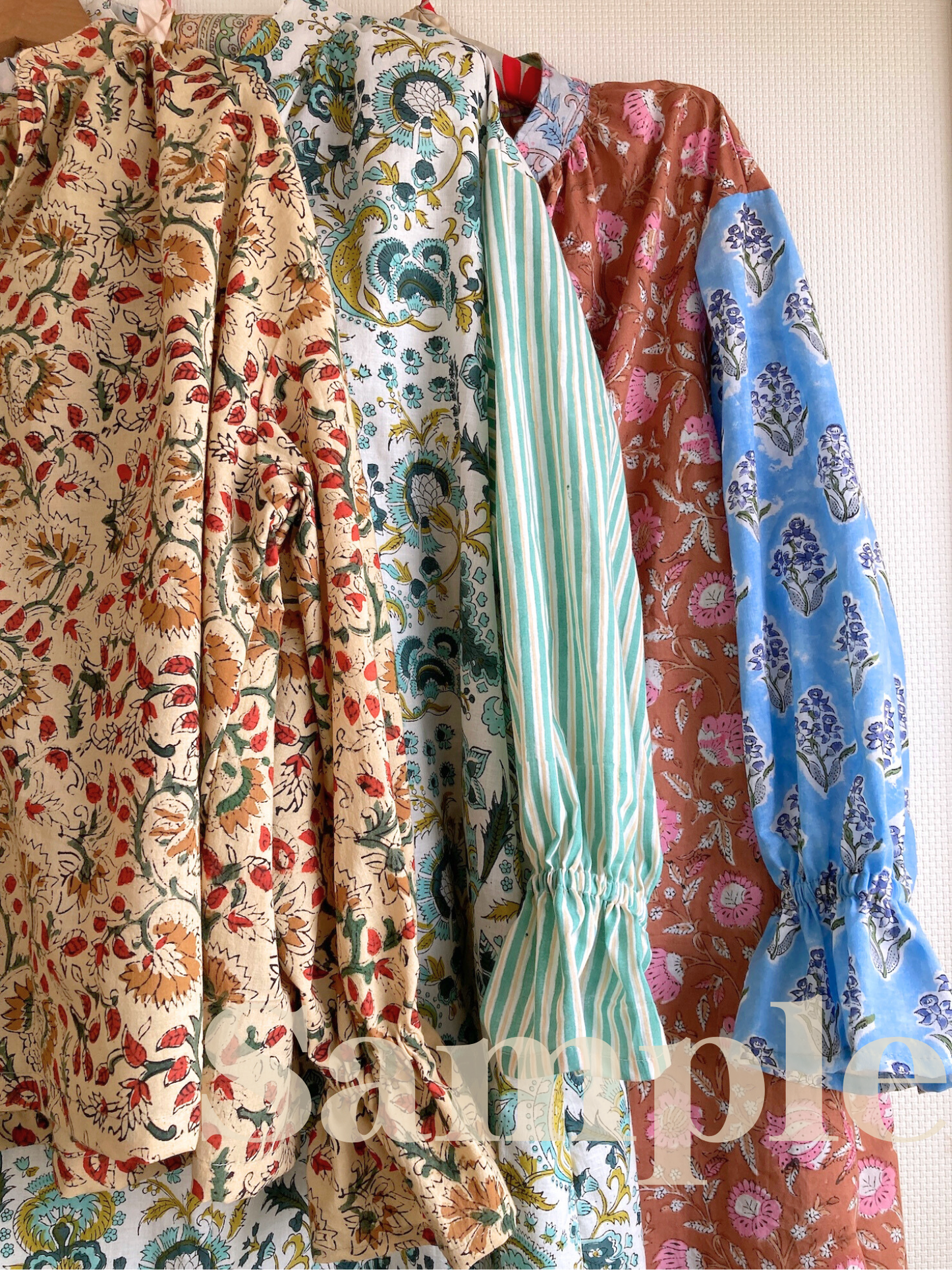 【custom order】 Hand Block Print Band Collar Split Neck Dress - Blouse #Bella