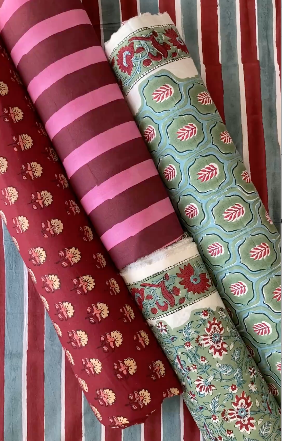 Hand Block Print Green x Red Floral Cotton Fabric   #298-5